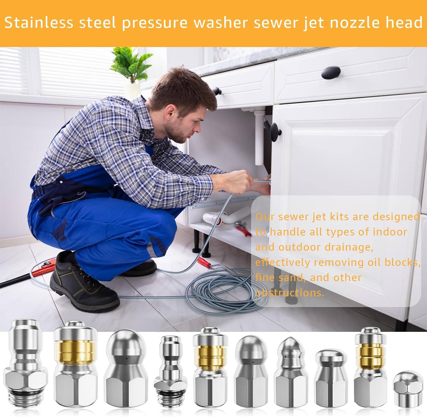 Jetter Heads Kit (Pack of 10) Jetter Nozzle Kit Rotating Button Drain Cleaning Nozzle Tips for Pressure Washer Sewer Jetter Kit Stainless Steel Pressure 5000 PSI