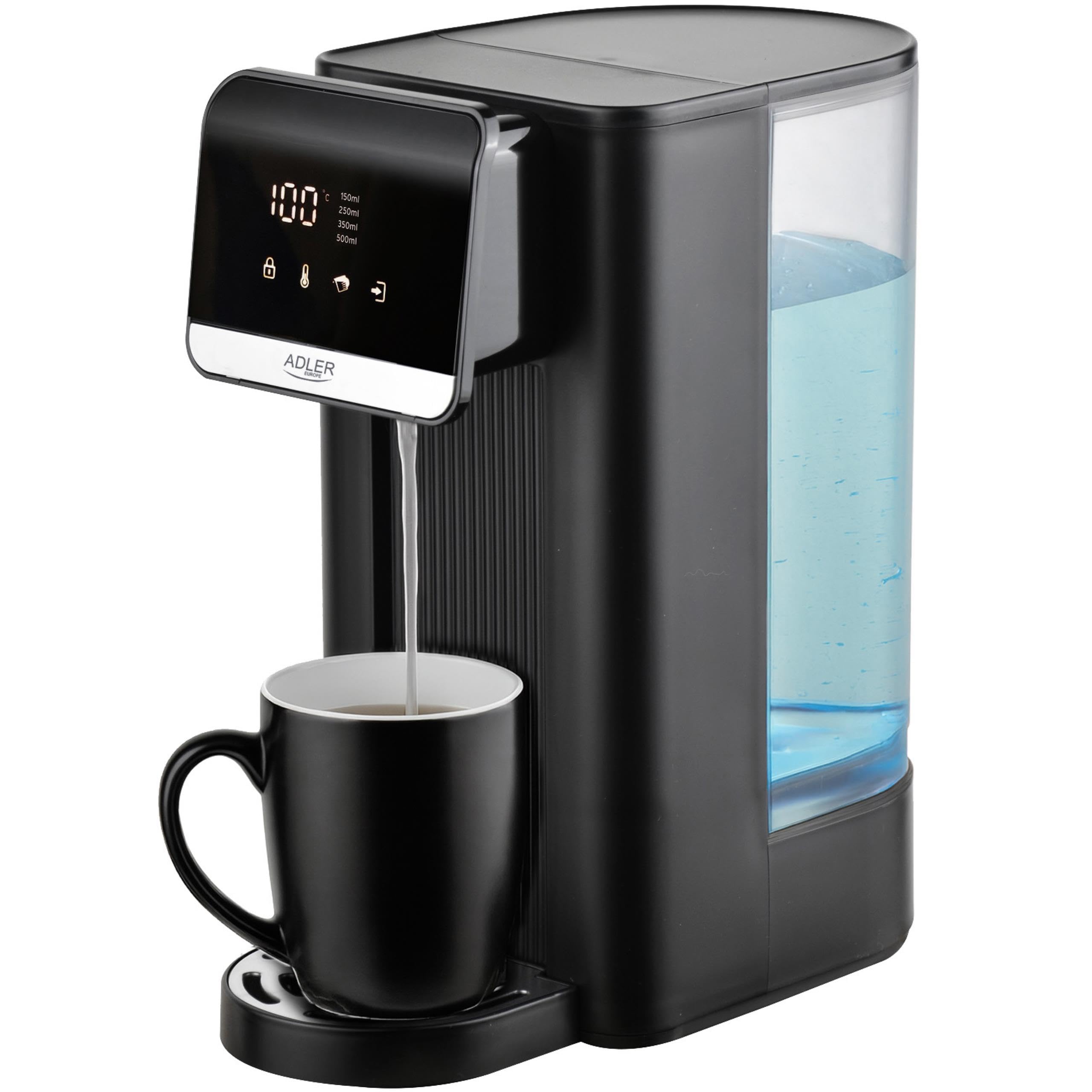 ADLER EUROPE Dystrybutor do gorącej wody, dozownik do przefiltrowanej gorącej wody, filtr do wody, max 2,5L, min 0,5L, 2600W, 8 temperatur, gorąca woda w kilka sekund, energooszczędny, LCD