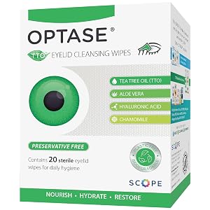 OPTASE TTO Eyelid Cleansing Wipes 20 Count Individually Wrapped Tea Tree Oil Eyelid Wipes Preservative-Free Formula for Daily