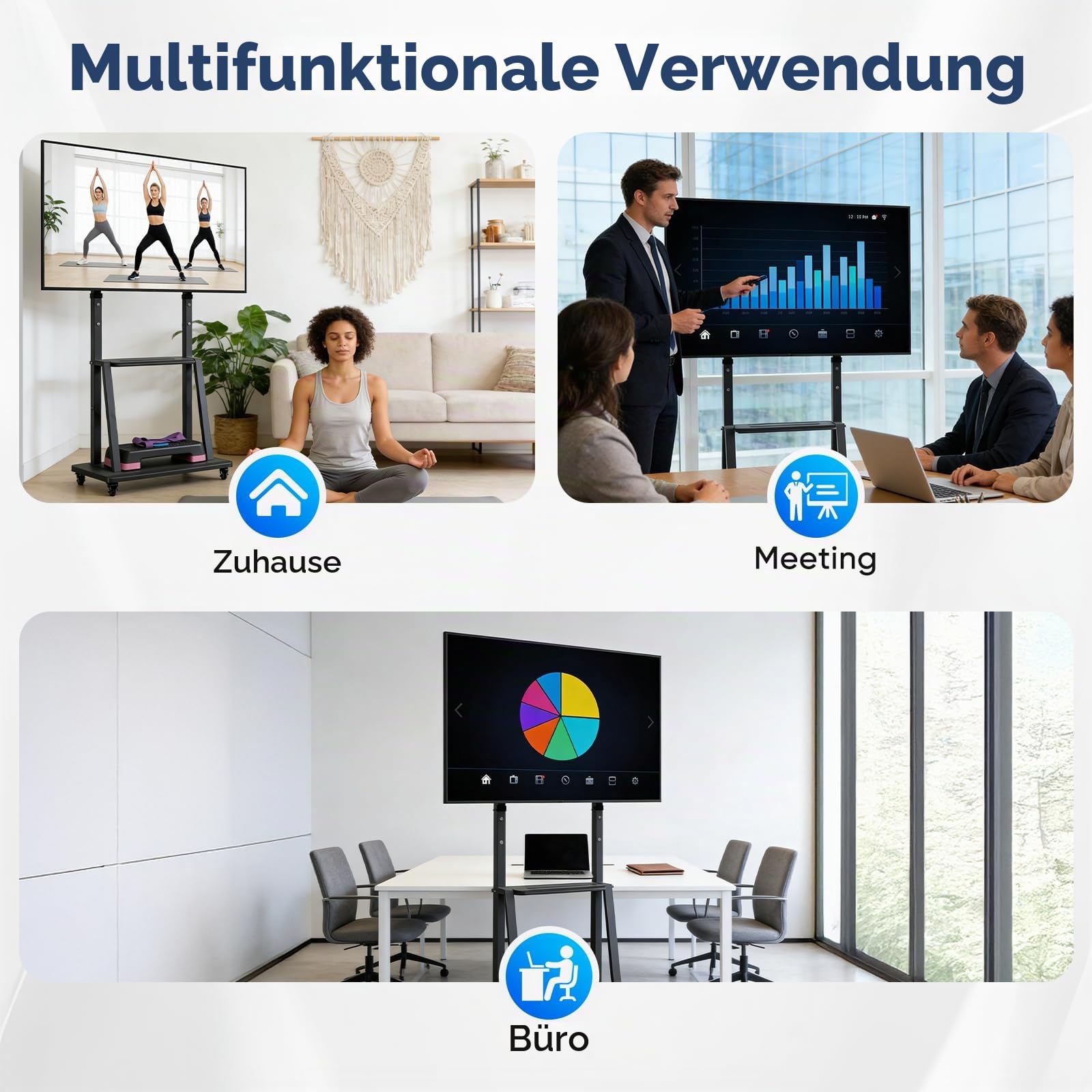 TV Ständer mit Rollen, Mobiler Fernsehtisch für 40-70 Zoll, Höhenverstellbar 123-155 cm, aus Metall für Wohnzimmer Büro, bis max. VESA 600x400, 155x70x43cm