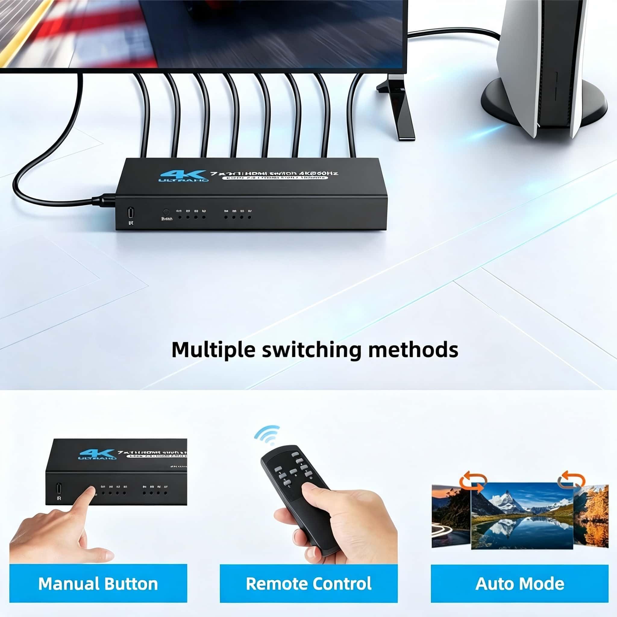 Switch HDMI 7 in 1 Out 4K @ 60Hz, 7x1 HDMI Switcher con telecomando IR, 7 porte HDMI Selector Box Supporto HDMI2.0, Dolby Vision/Atmos, HDR10 per Box, Switch, PS5/4, Roku, Fire -Stick