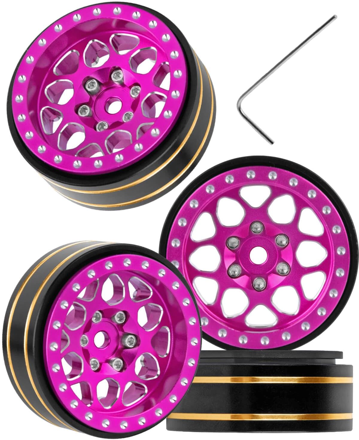 RC 1.3 Beadlock Wheel Rims for 1/18 TRX4M 1/24 SCX24 FCX24 RC Crawler Car,4pcs RC 1.3 in Brass Rims & Aluminum Beadlock,RC Truck Rims,Pink