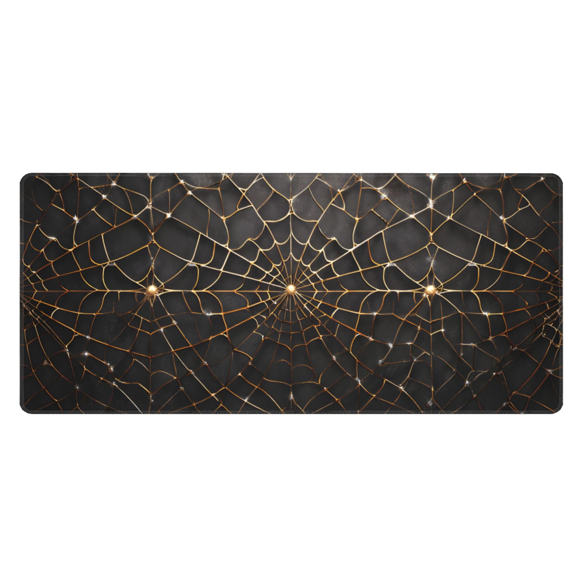 Spider Web Golden Extended Gaming Mouse Pad, with Stitched Edges Large Mouse Pad Desk Protector, Rubber Base Mousepad Keyboard Mouses Mat for Work Game Office Home- 32" X 12" Inch