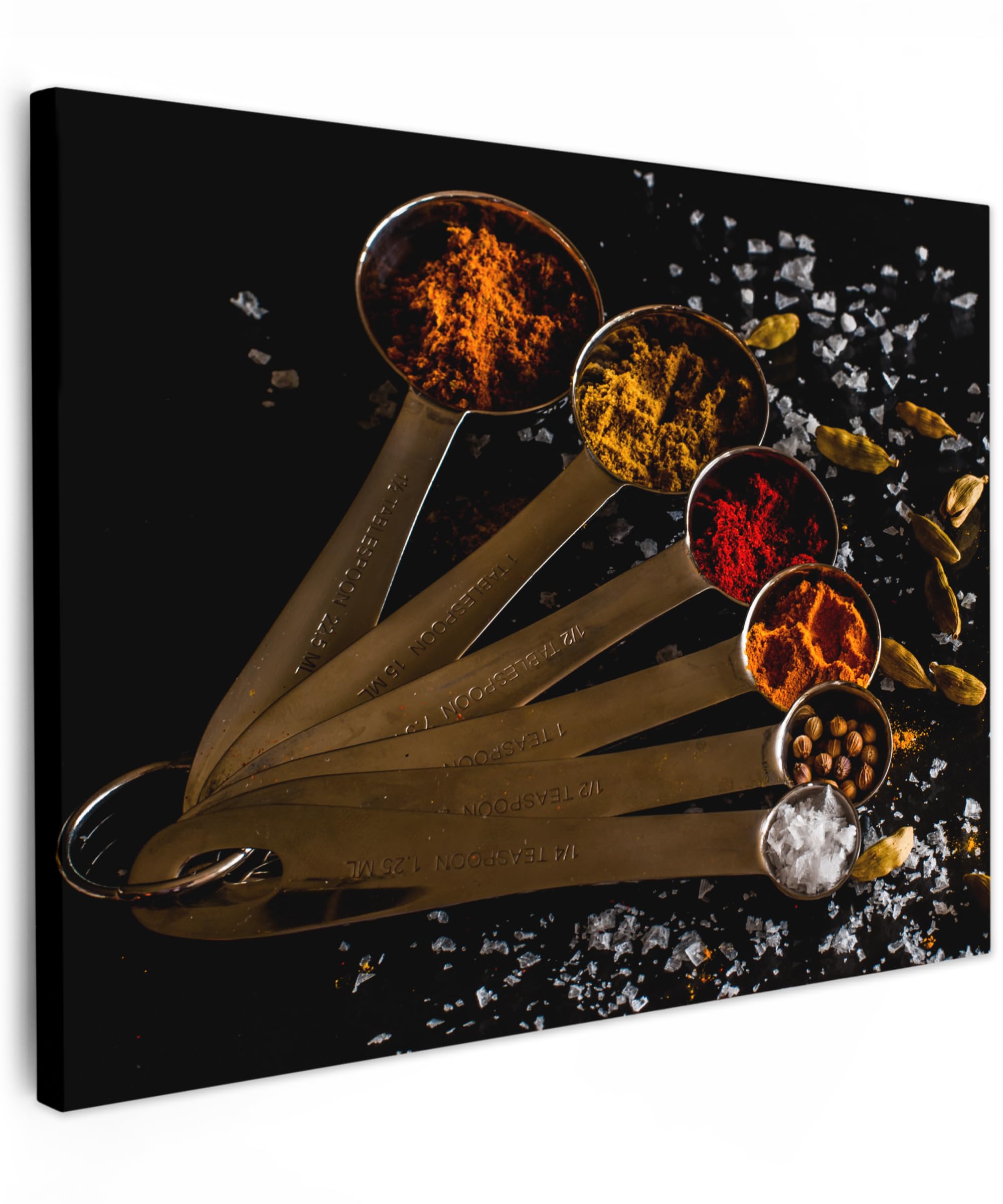 MuchoWow© Canvas Wall Art 31"x24" / 80x60 cm Decor Paintings Print framed on Canvas Pictures for Hallway Spices - Spoons - Salt - Herbs - Black — image 1
