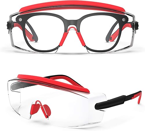 TOREGE Gafas de seguridad sobre lentes, gafas de seguridad antivaho con marco y patillas ajustables, se ajustan bien sobre las gafas