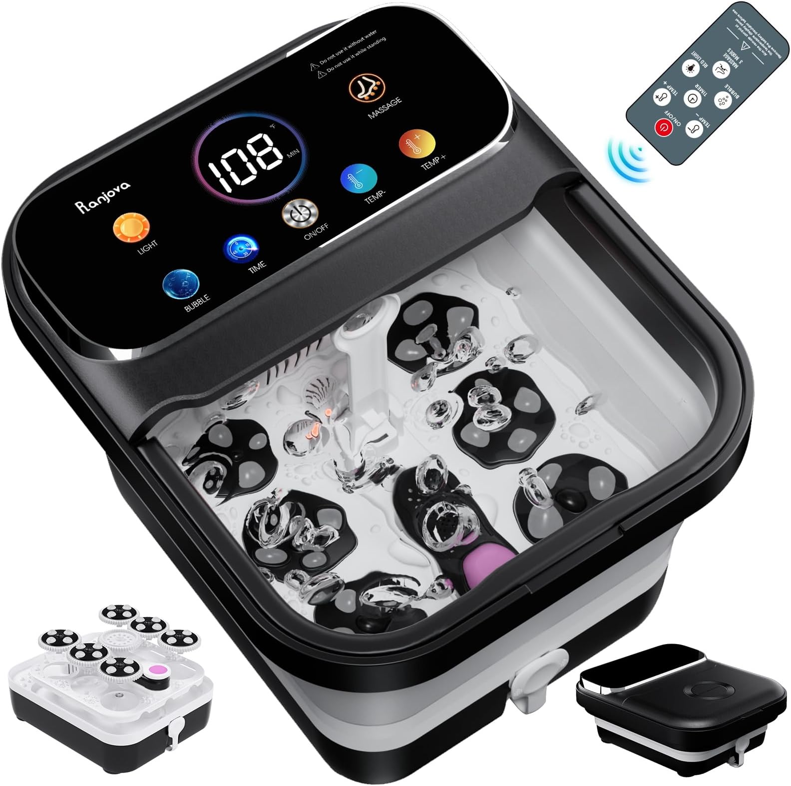 Foot Spa Electric Rotary Massage, with Touchscreen Pro Color Display, Collapsible Foot Bath with Heat, Bubble,Remote Control, Temp Control, and 24 Motorized Shiatsu Massage Balls (Black)