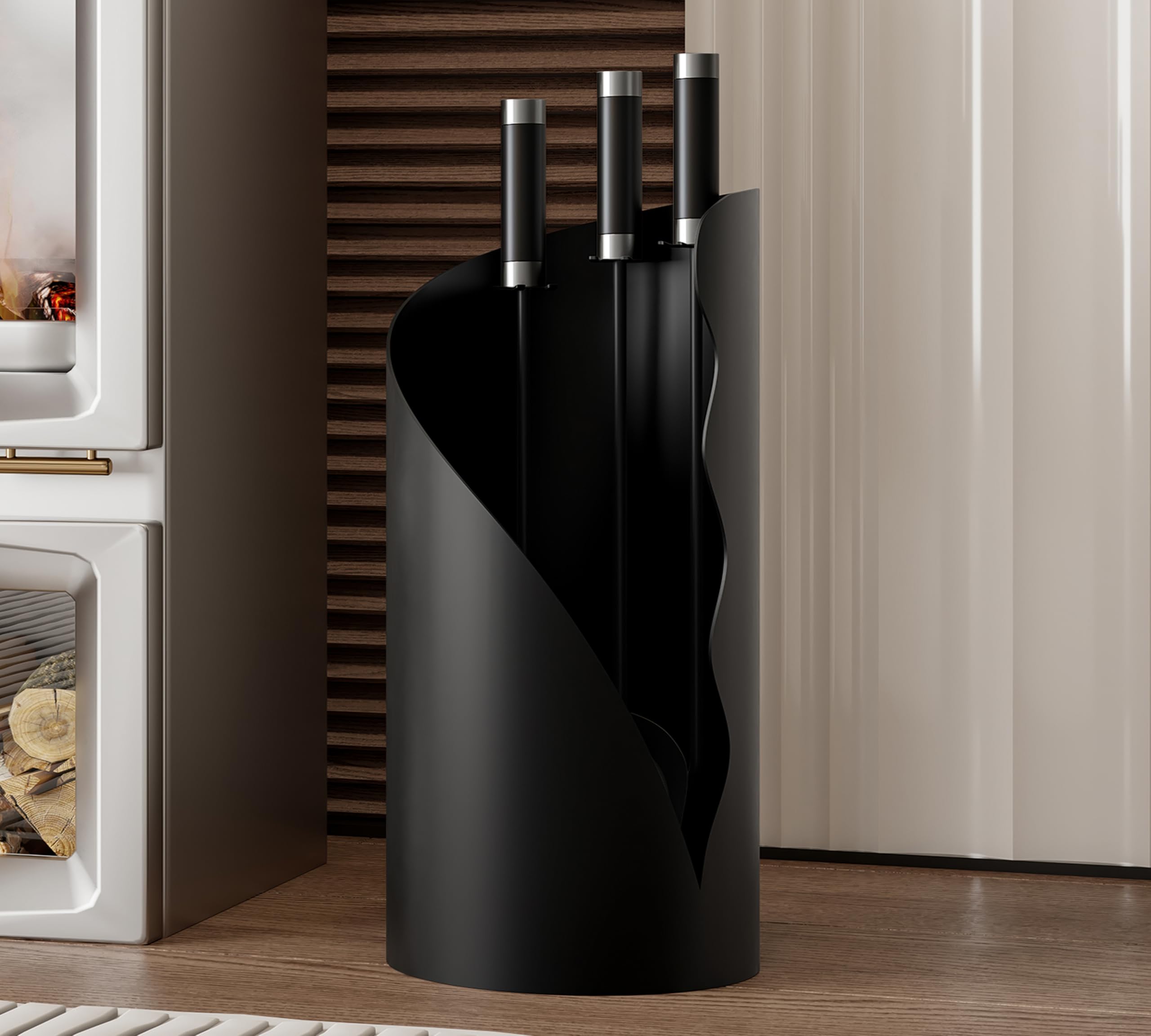 Kingson Juego de Accesorios para Chimenea de 3 Piezas – Conjunto Moderno de Herramientas para Chimenea con Cepillo, Pala y Atizador – Soporte Redondo de Pie – 52,5 cm de Alto – Mango Mixto
