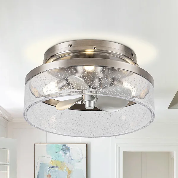 Vaczon Low Profile Nickel Caged Ceiling Fan with Light and Remote, 12.6” Modern Flush Mount Ceiling Fan, DC Motor, Max 1100 RPM Silver Fandelier Ceiling Fans with G9 LED Light for Bedroom Kitchen