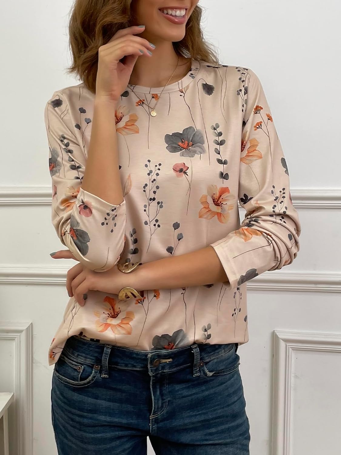 JUSTFASHIONNOW Womens Long Sleeve Tops Casual Shirts for Women Summer Flower Printed T Shirt Crewneck Floral Tee - Image 2