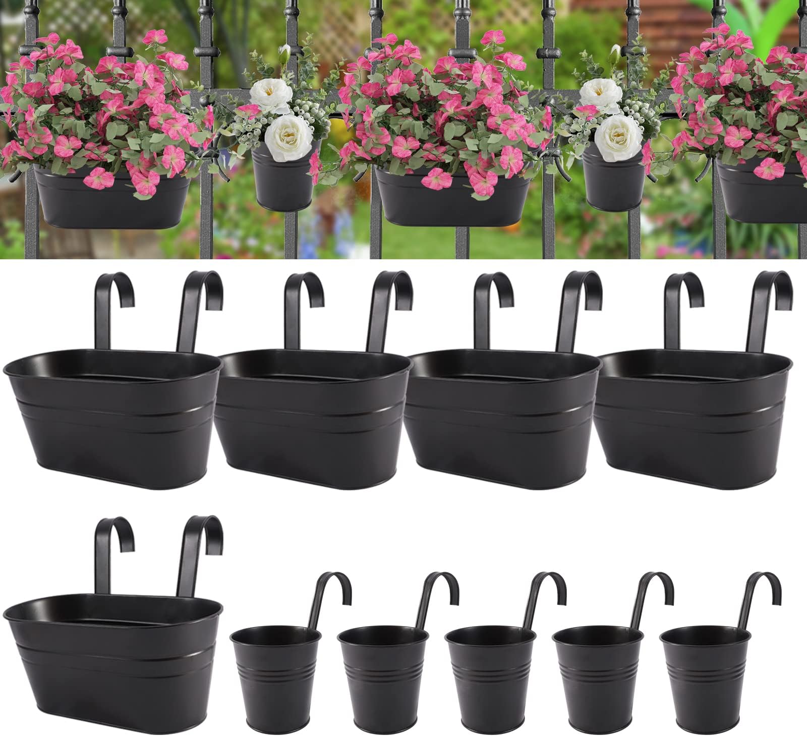Hushee 9 Pcs Metal Iron Hanging Flower Pots Railing Planter Box Fence Hanging Bucket