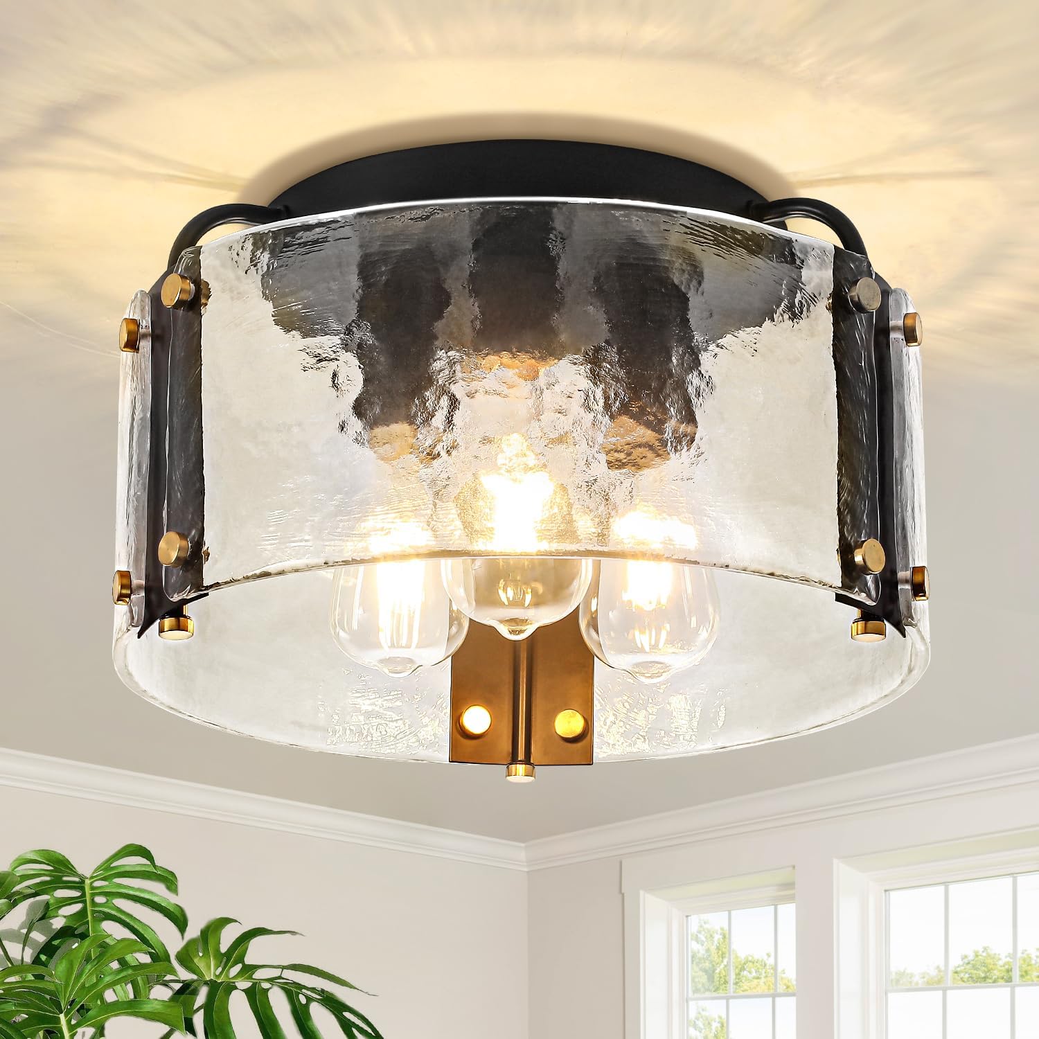 TOULMJ 15'' Black Semi Flush Mount Ceiling Light, 3-Light Modern Entryway Light Fixtures Hammered Glass Kitchen Lighting Fixtures Hallway Ceiling Lights for Bathroom Bedroom Foyer Laundry Dining Room