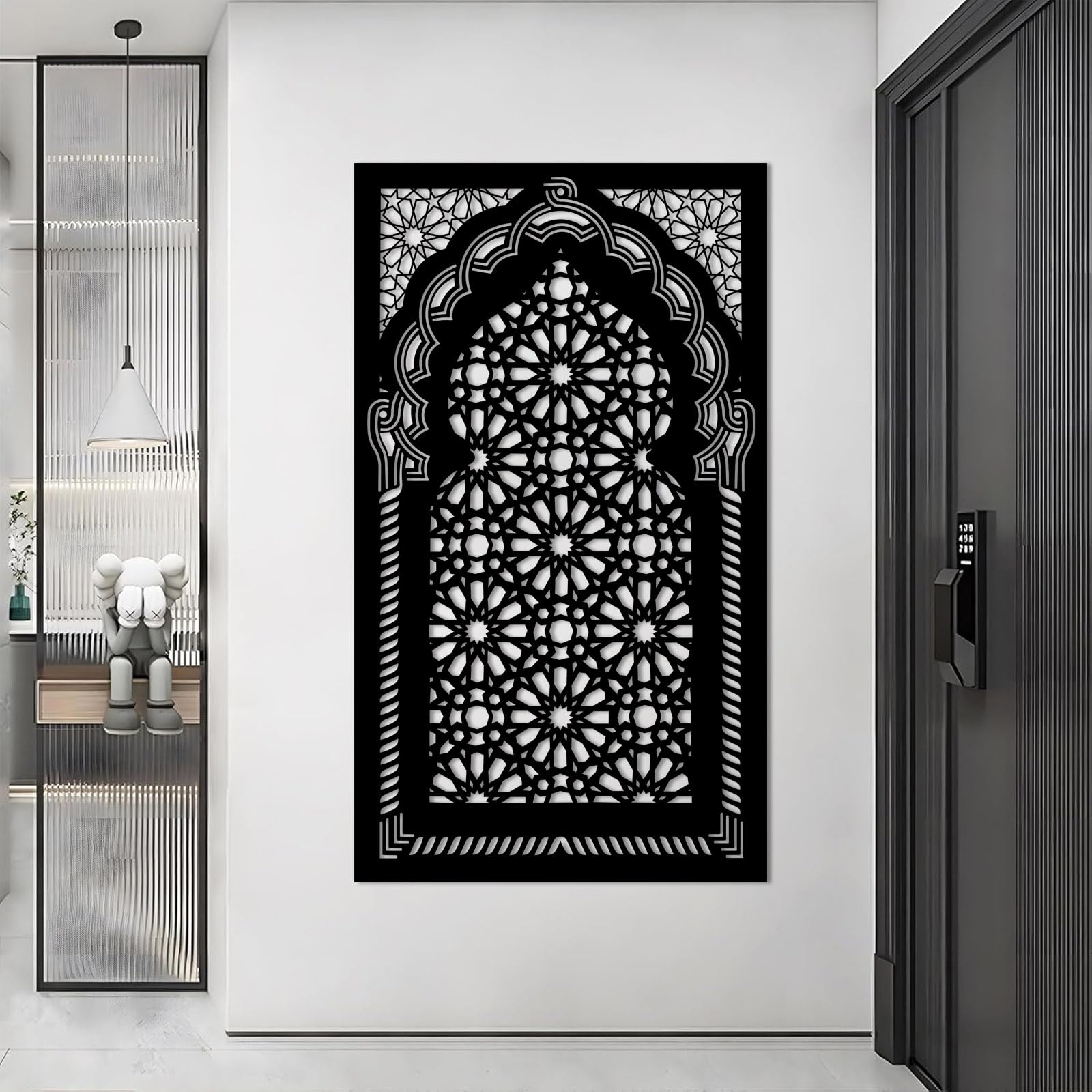 Schwarzes Mihrab-Motiv aus Metall, islamisches florales Wanddekor aus Metall, Gebetsraum-Kunstwerk zur Dekoration von Wohnzimmer, Schlafzimmer, Flur und Treppenhaus, Natur-Wohndeko (Schwarz,