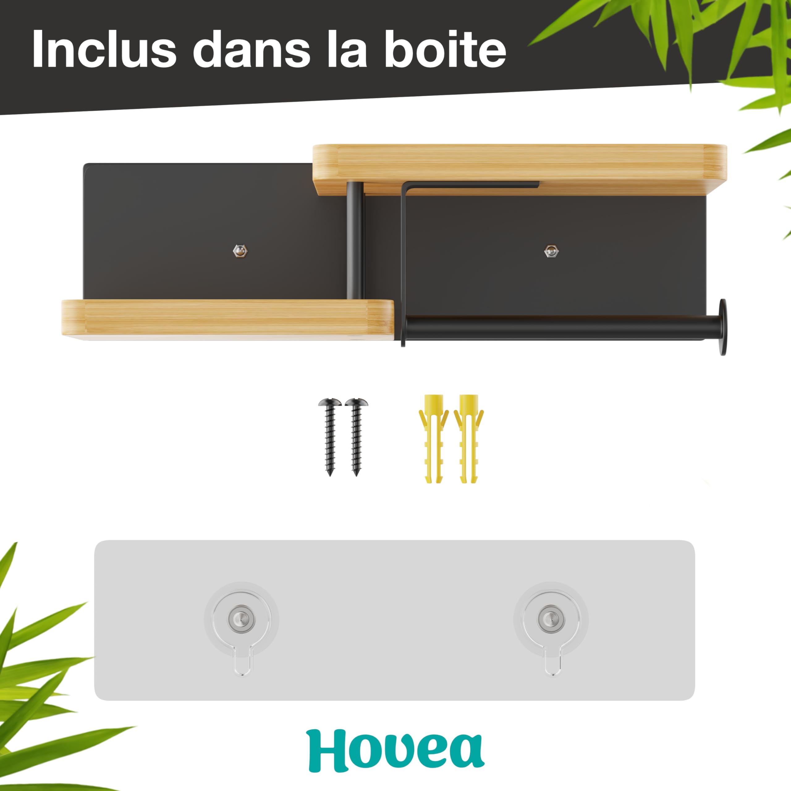 Support Papier Toilette Mural - avec ou sans Perçage - Porte-Papier Toilette en Bois & Métal - Distributeur Rouleau Papier WC PQ - Noir & Bambou - PPT130