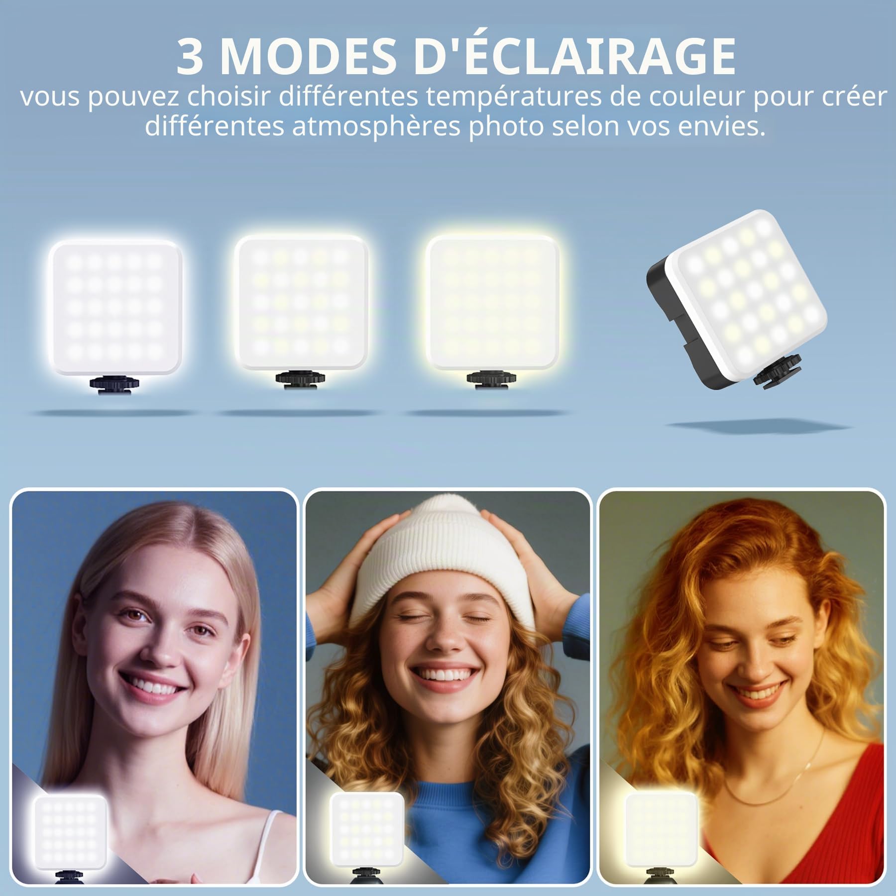 Zeadio Lampe vidéo Portable pour Selfie avec Clip, lumière LED Rechargeable IRC 95+/20 Modes scène/3000 K-7000 K avec 3 Supports Griffes, Lot de 1