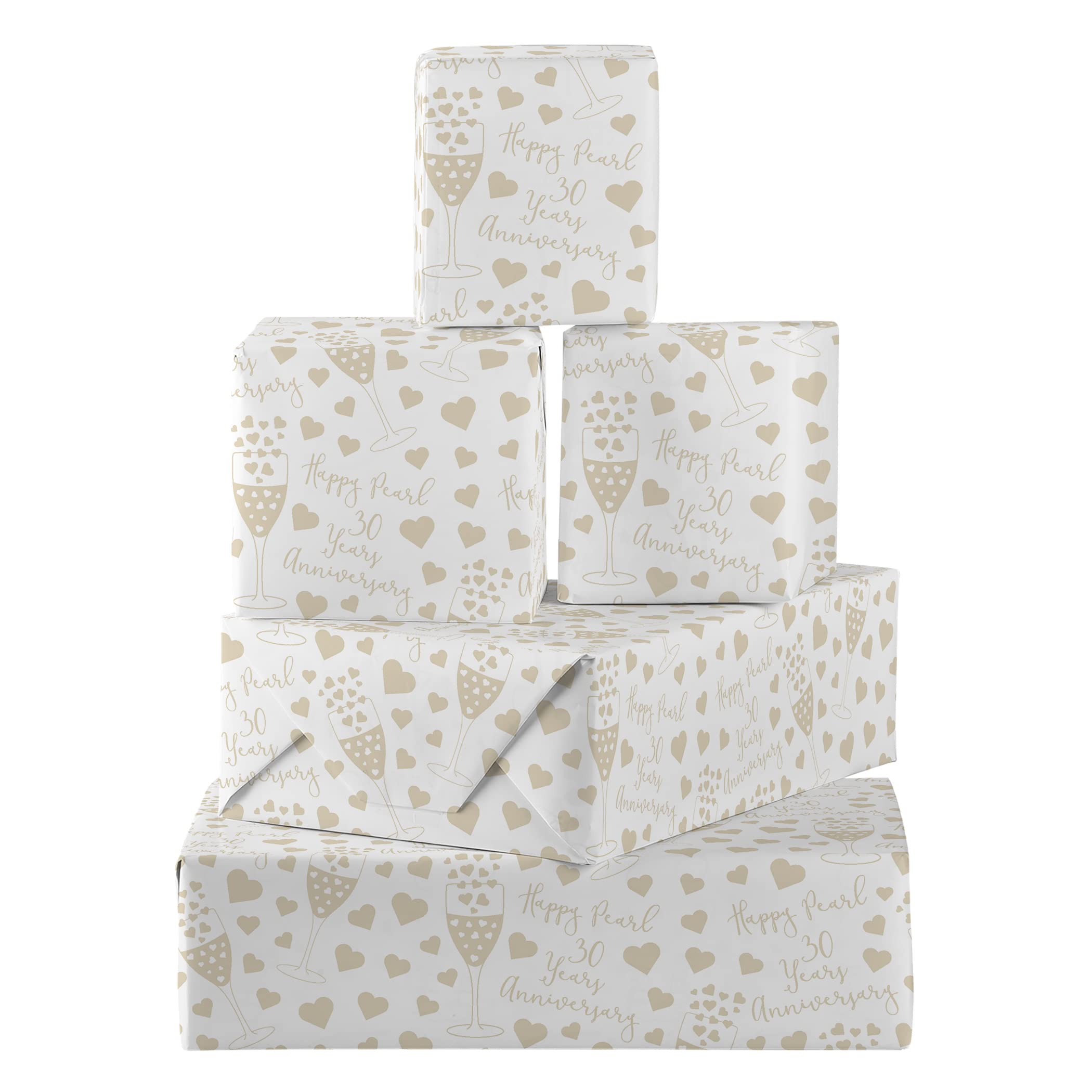 Hunts England - 5 Sheets Of 30th Pearl Wedding Anniversary Fun Wrapping Paper - Includes 5 Gift Tags - Iconic Collection - For Husband, Wife, Couple, Friends, etc. - 30 Years