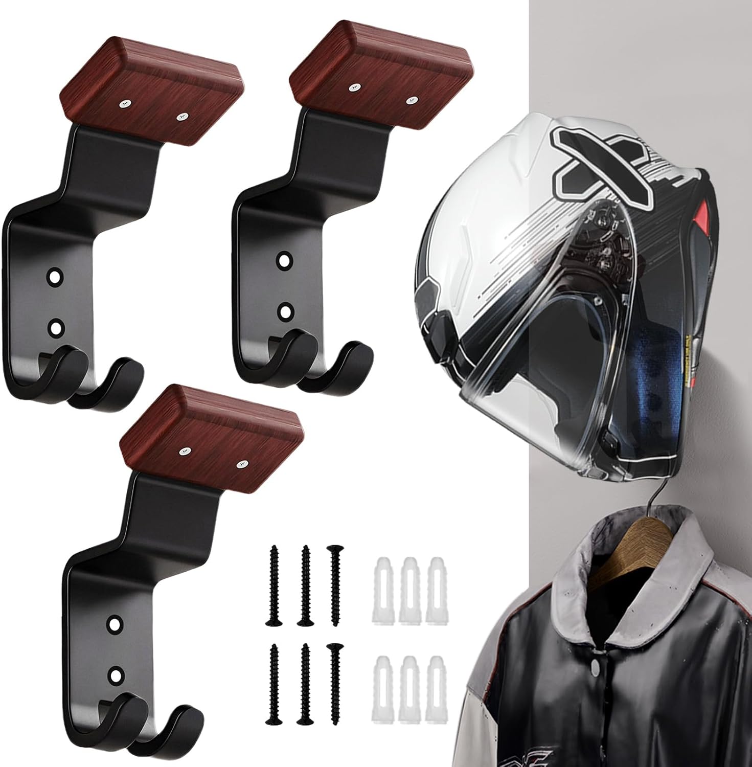 Motorcycle Helmet Holder Wall Mount - Heavy Duty Helmet Hanger Rack with 2 Key Hooks, Solid Wood & Strong Steel Design for Bike, Football, Skiing Sports Gear, Jackets & Hats (3)