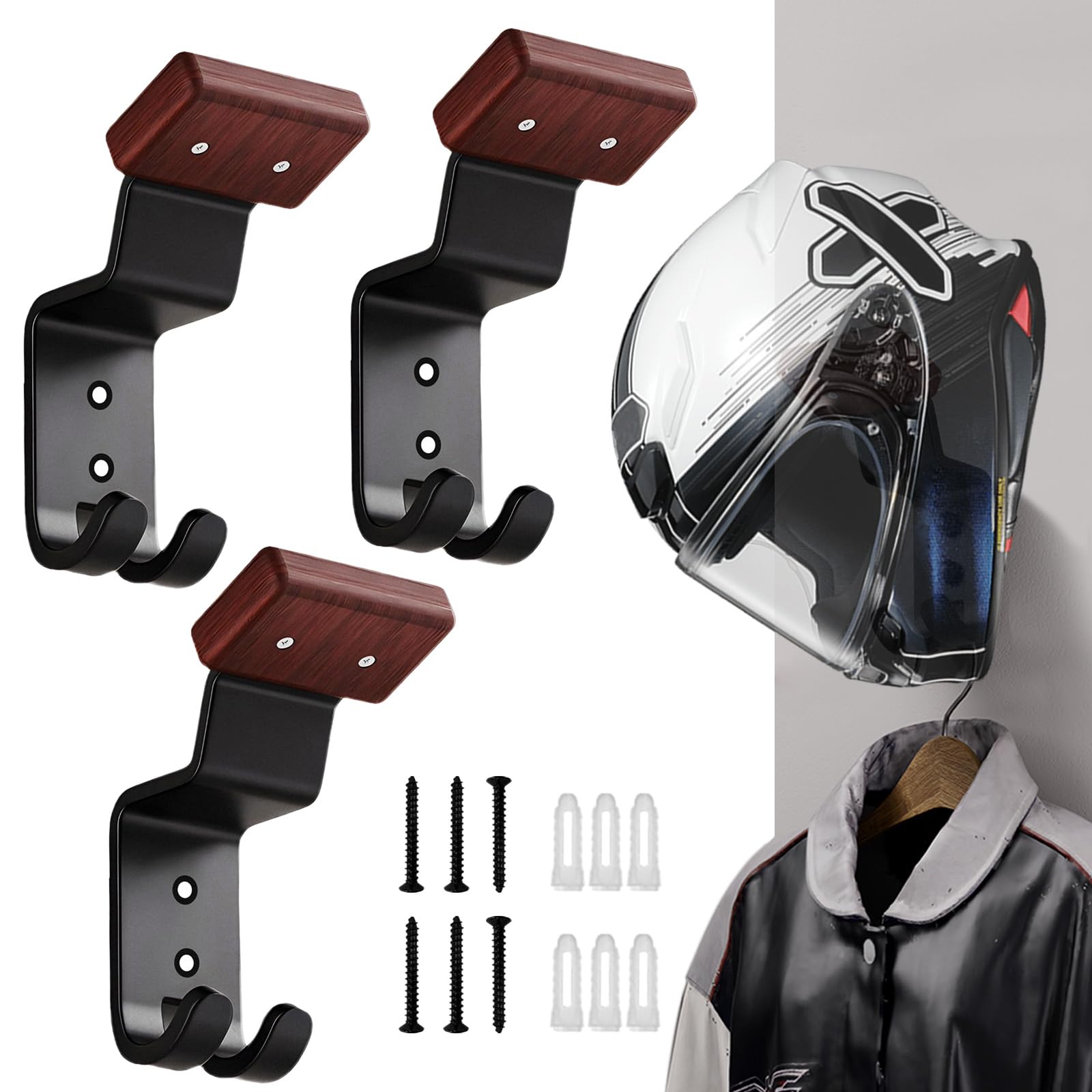 Motorcycle Helmet Holder Wall Mount - Heavy Duty Helmet Hanger Rack with 2 Key Hooks, Solid Wood & Strong Steel Design for Bike, Football, Skiing Sports Gear, Jackets & Hats (3)