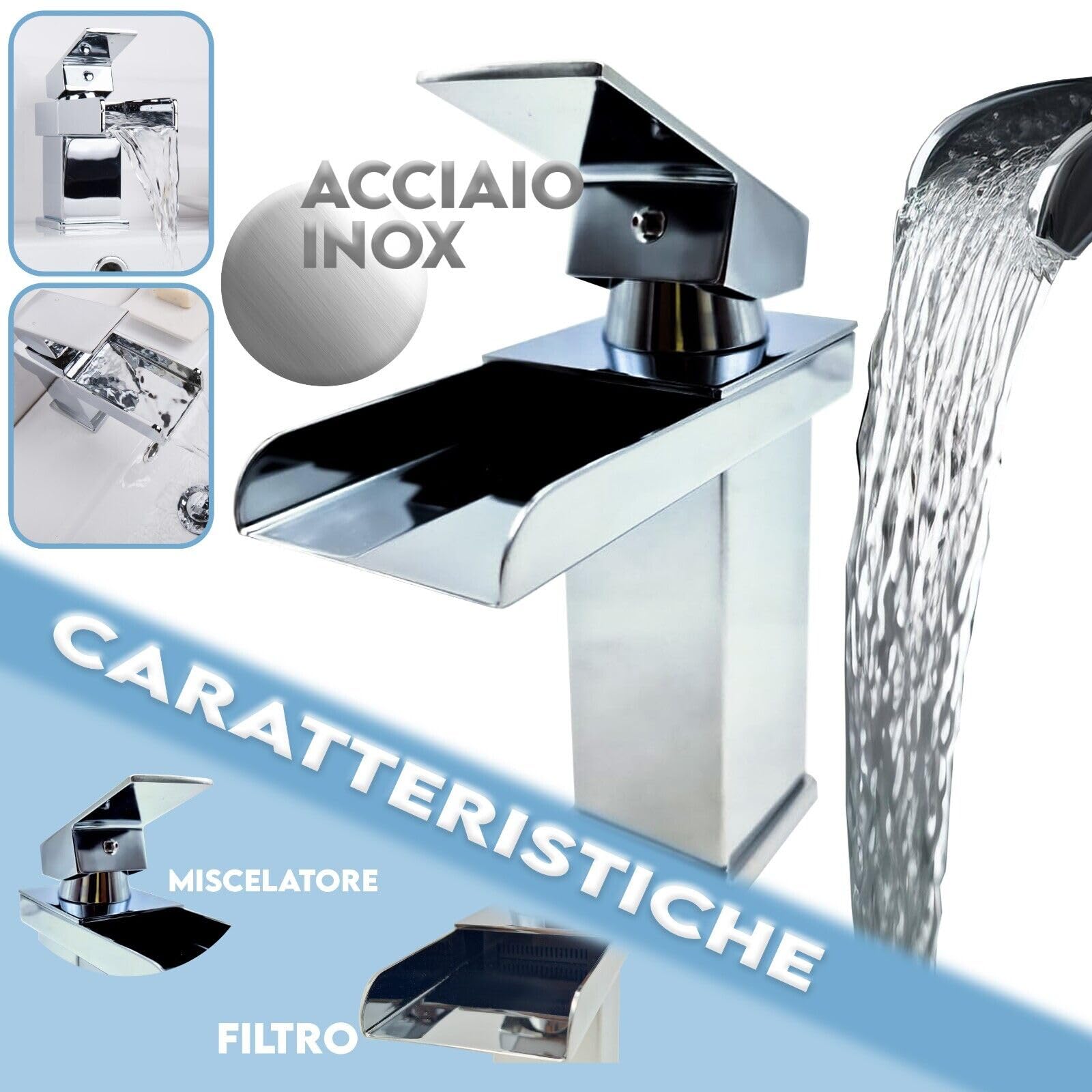 MAKA Rubinetto Lavabo Bagno a Cascata in Acciaio Inox Cromato con Piletta Inclusa Miscelatore Monocomando Lavandino Cucina ad Alta Pressione Kit Montaggio Guarnizioni e Tubi Satinato (h 16.5 cm)