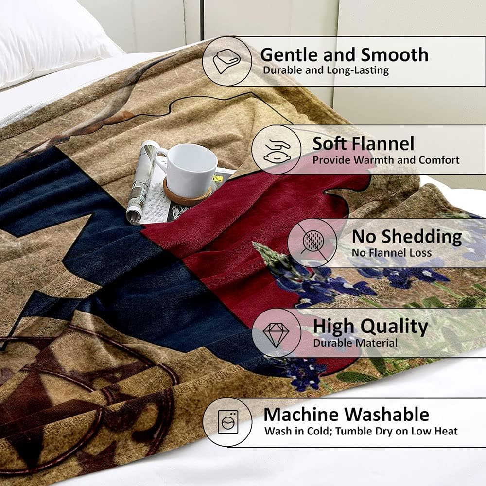 LUVIVIHOME Western Throw Blanket, Texas Flag, Cattle & Bluebonnet Ranch Inspired, Cozy Soft Fuzzy Lightweight Flannel Fleece for Bed, Couch & Sofa, 60"x80"
