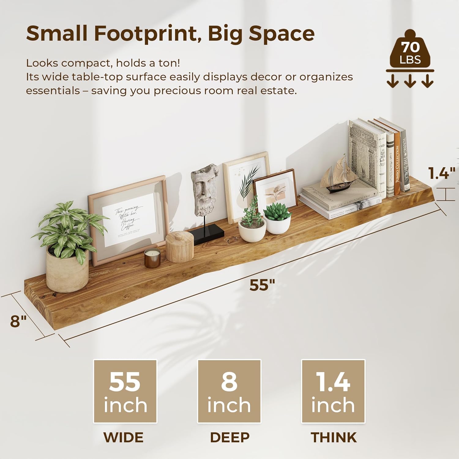 55 Inch Floating Shelves for Wall, Solid Elm Wood Live Edge Wall Shelf for Home Decor, 8 Inch Deep Floating Shelf, 55 x 8 Wooden Shelves for Bathroom Living Room Kitchen, Natural Color, Set of 1
