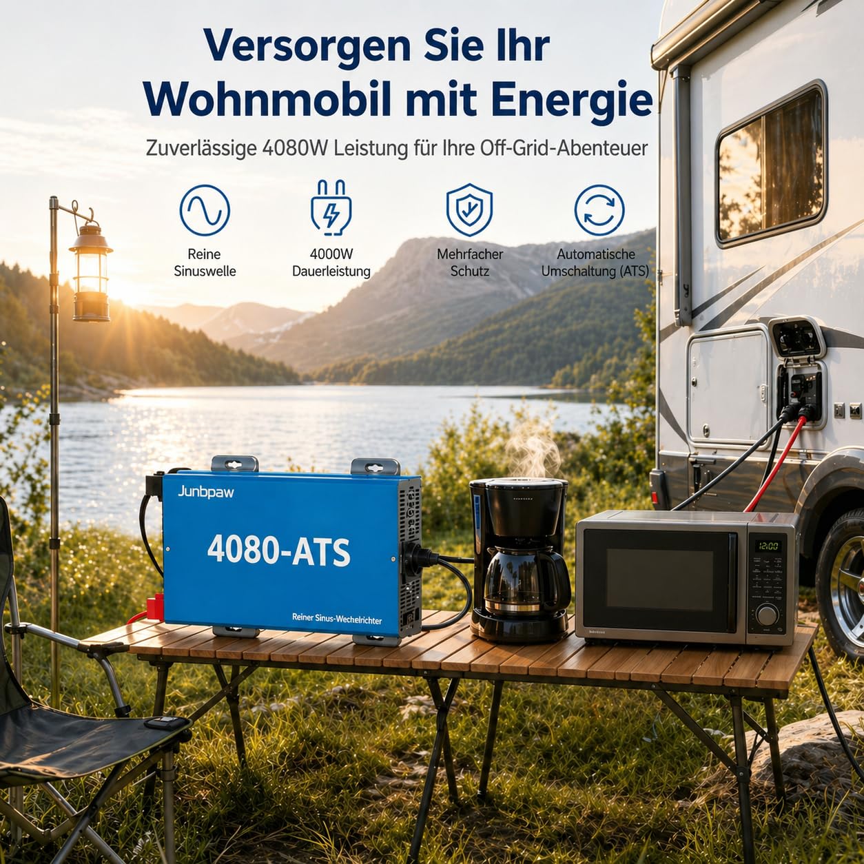 4080VA / 7000W Spitzenleistung Reiner-Sinus-Wechselrichter 12V auf 230V AC | Integrierter ATS & Vorladung | Geringe Eigenaufnahme 10W | für Heimnetzersatz, Wohnmobil, netzunabhängige Systeme