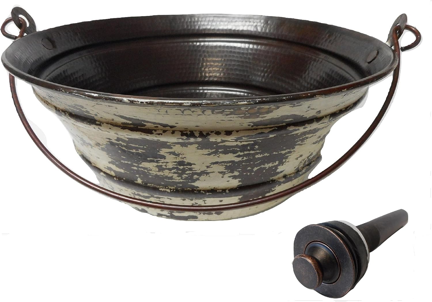 15" Round Copper Vessel BUCKET Bathroom Sink with Distressed Antique White Exterior and LT Drain