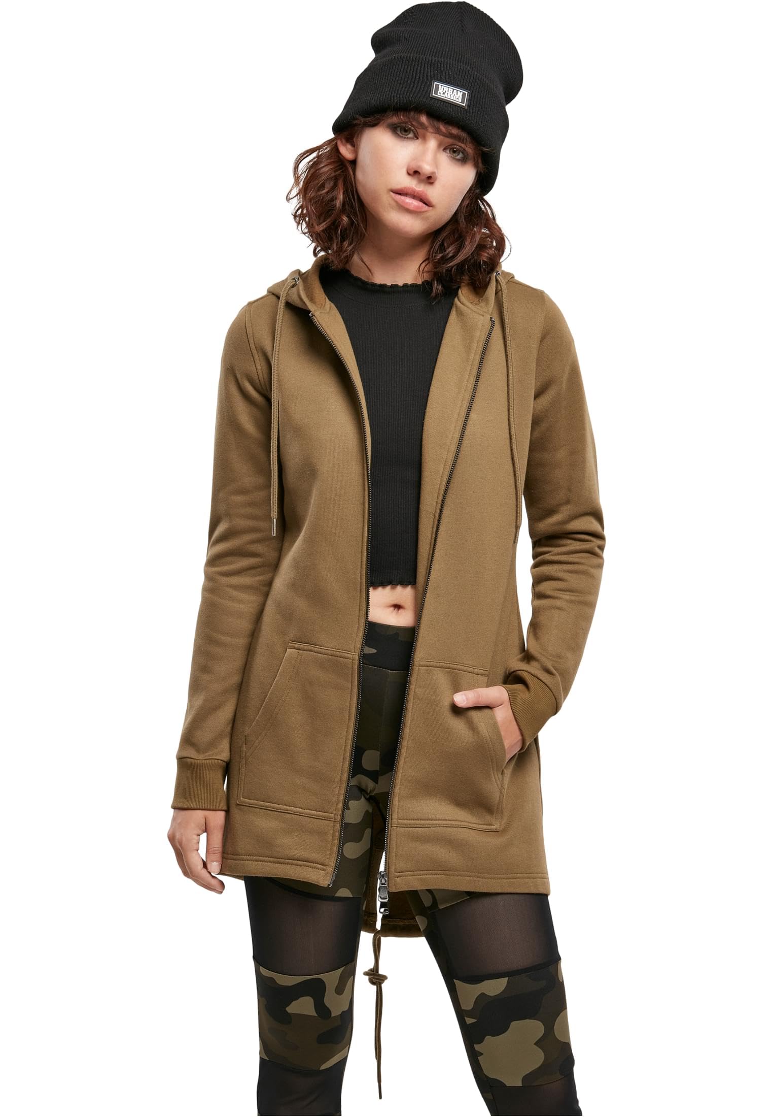 Urban Classics Sweatjacke Damen – Parka-Stil mit Kapuze, durchgehendem Reißverschluss