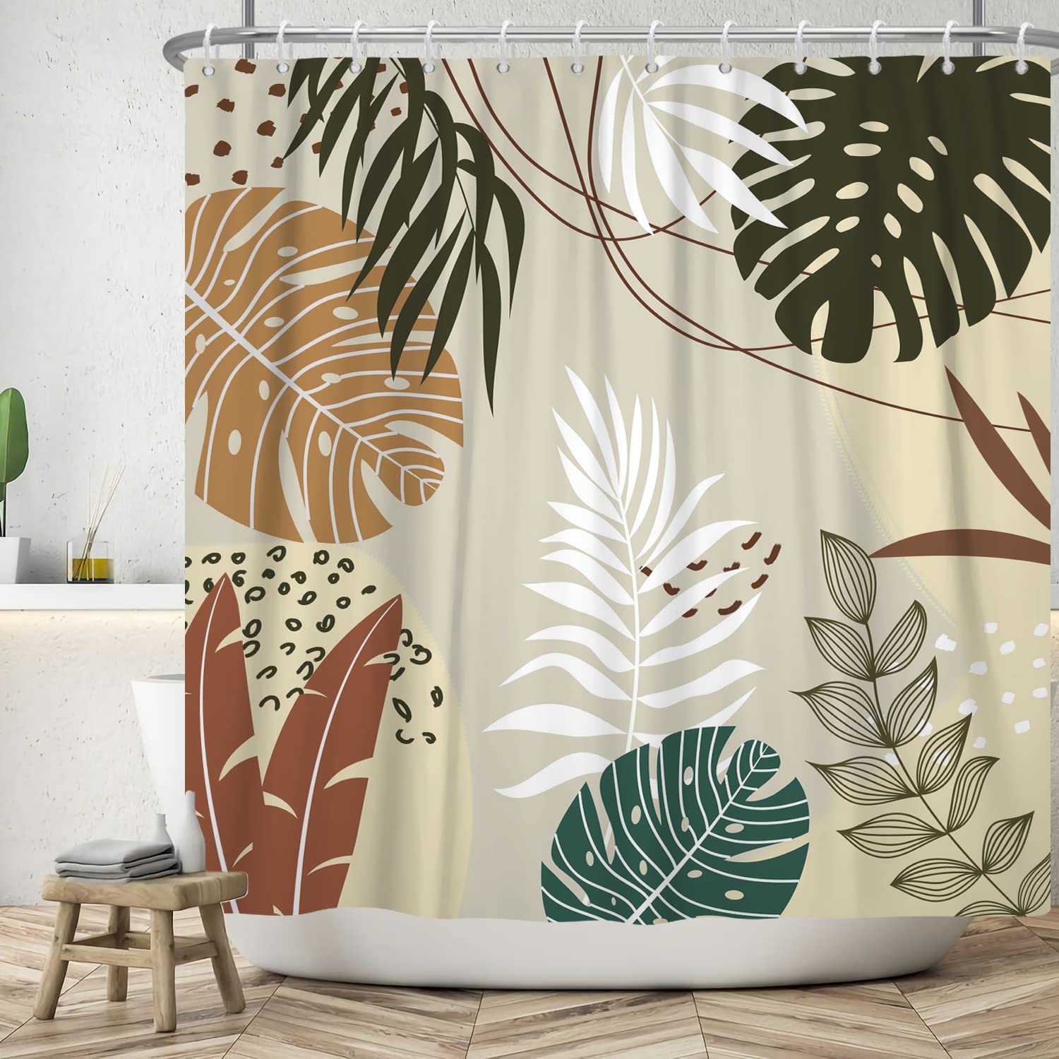 Ttincceer 152x183cm Mid Century Shower Curtain Abstract Monstera Palm Leaves Bathroom Curtain Boho Watercolor Plant Leaf Shower Curtains Waterproof Bathtub Curtain — image 1