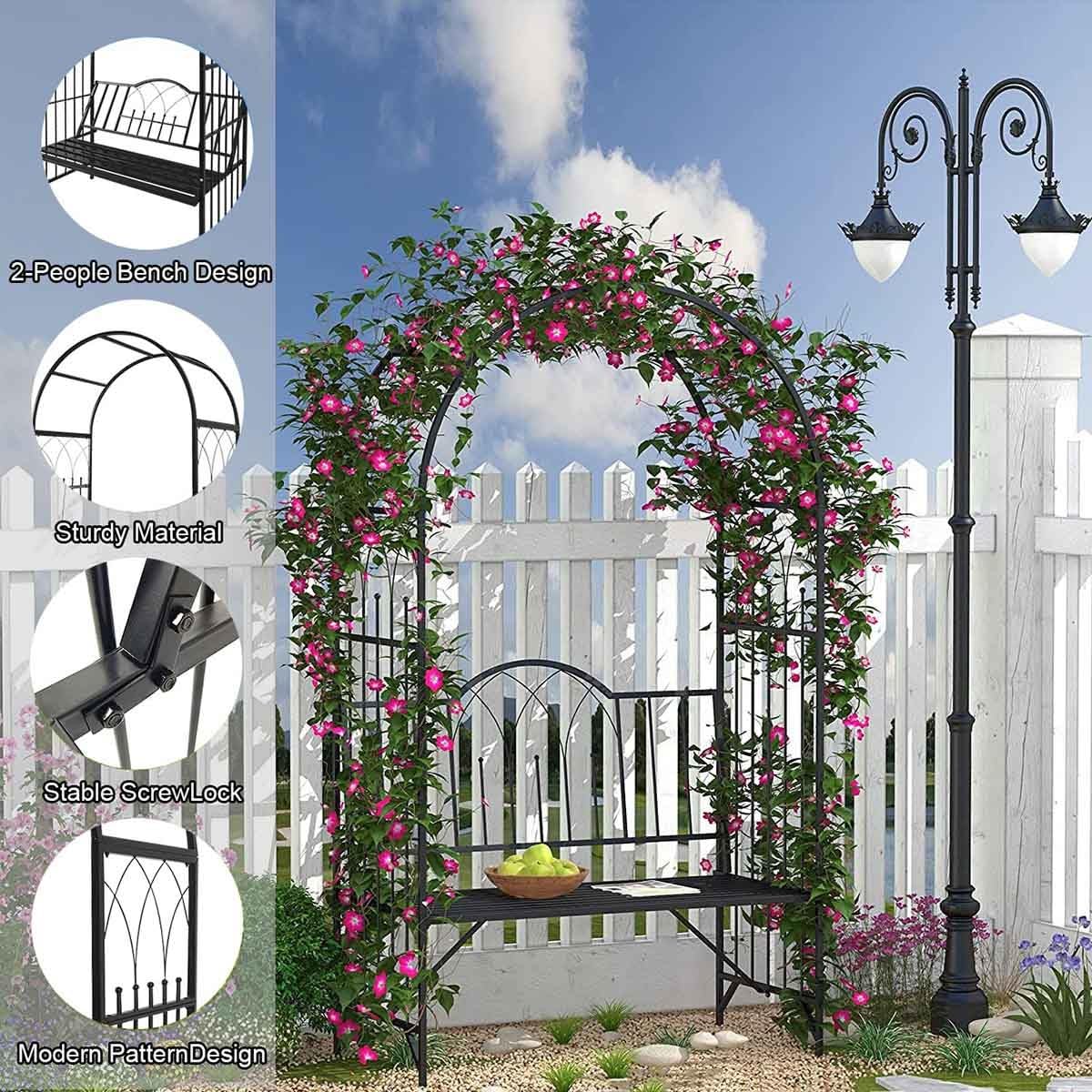 Arco Piante Rampicanti Arco Ferro Garden Decoration Arco per Rose Arbor Flower Stand con panchina 114x52x210cm per Feste di Matrimonio