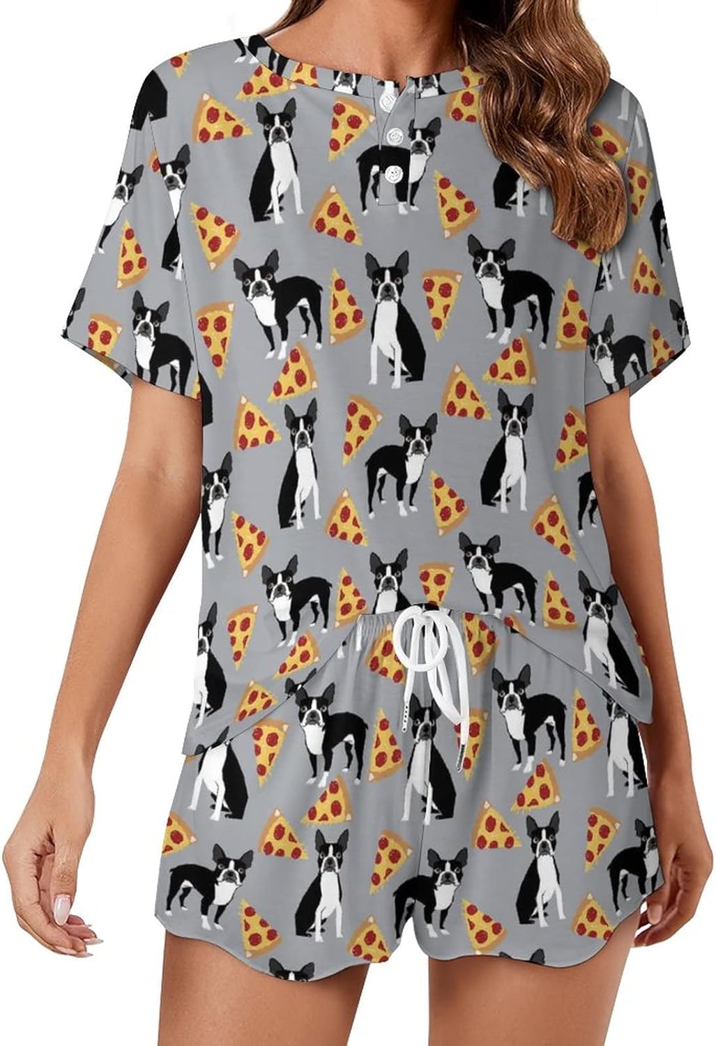 Boston Terrier Dog Pizza 2 Piece Pajamas Set Botton Down Short Sleeve Sleepwear with Loungewear Pants for Women 5XL : Clothing, Shoes & Jewelry