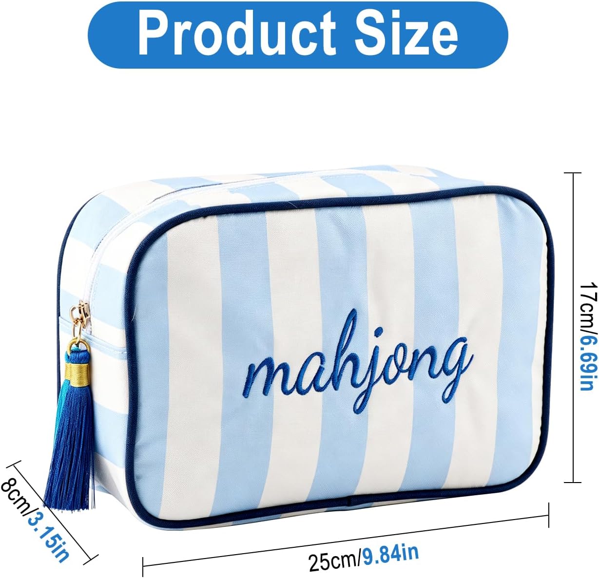 Mahjong Tile Bag, Striped Embroidered Mahjong Carrying Bag | Thickened Canvas Zippered Mahjong Storage Pouch,Portable Board Game Carry Bag for Travel & Game Night,Bag Only (Blue & White)