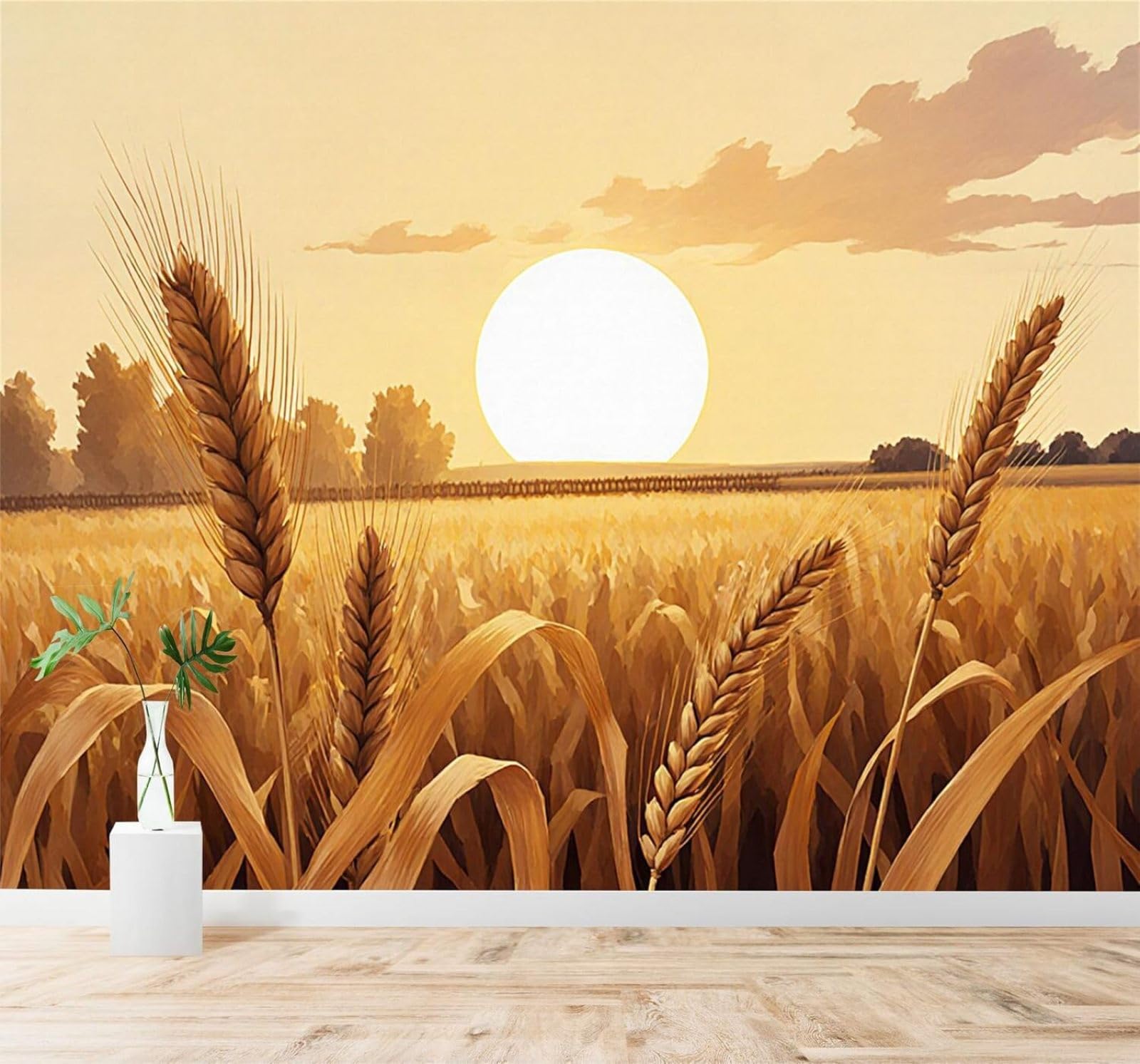 Xlming 350Cm×256Cm(B×H) Beautiful Sunset Golden Wheat Fields Countryside Warm Scenery 3D Wallpaper Premium Textured Silk Study Dining Living Room Bedroom Sofa Tv Wall Easy Install-350Cm×256Cm