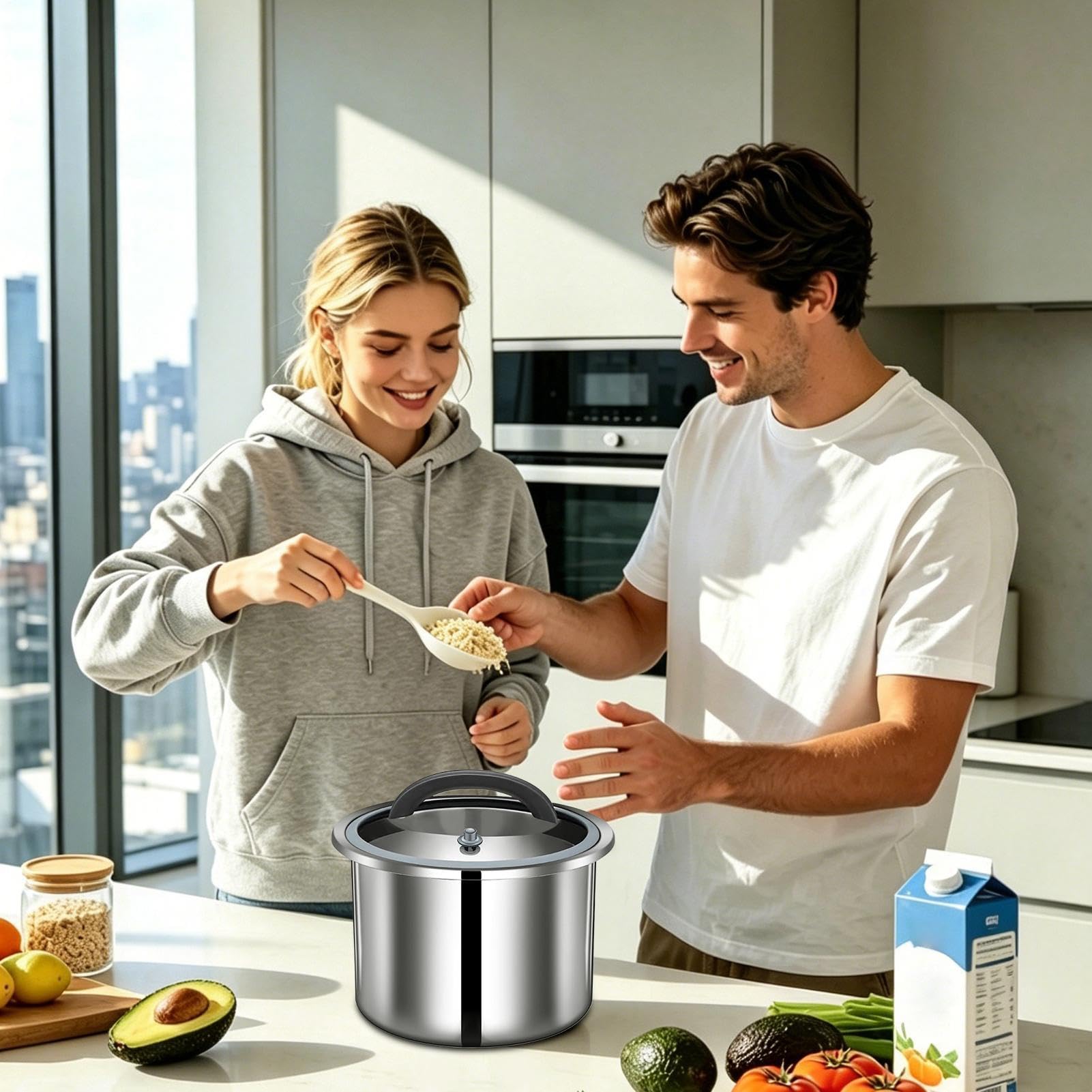 Contenitore di stoccaggio del riso Secchio ermetico in acciaio da alimenti | Recipiente sottovuoto da riso Per la casa, appartamento, casa colonica, cucina, sala da pranzo, ristorante