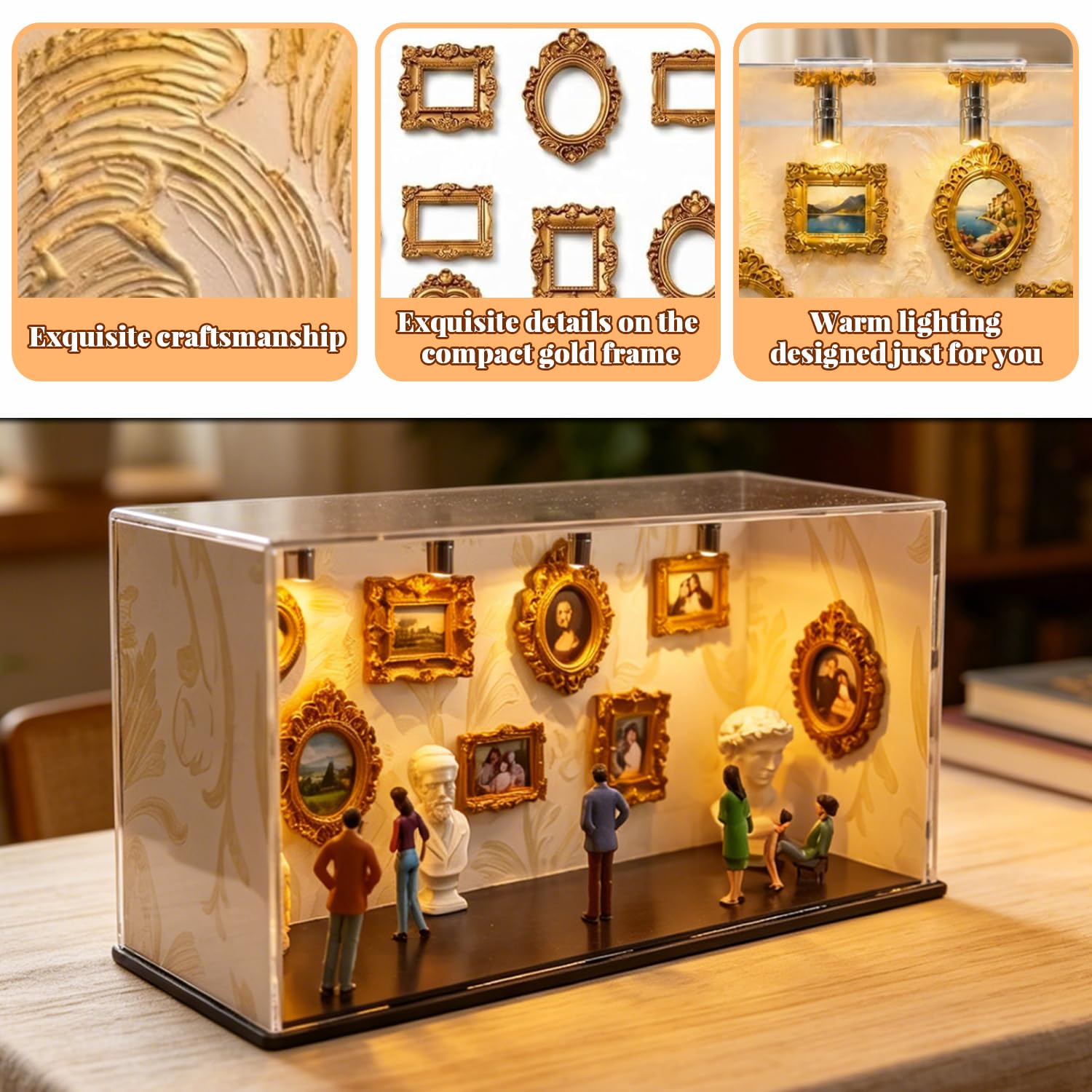 Mini boîte de silhouette de musée à faire soi-même Contient 6 figurines, 9 cadres dorés et 2 sculptures, Vitrine de Cadre de boîte d’Ombres éclairée personnalisée pour Anniversaire,Mariage, Décoration