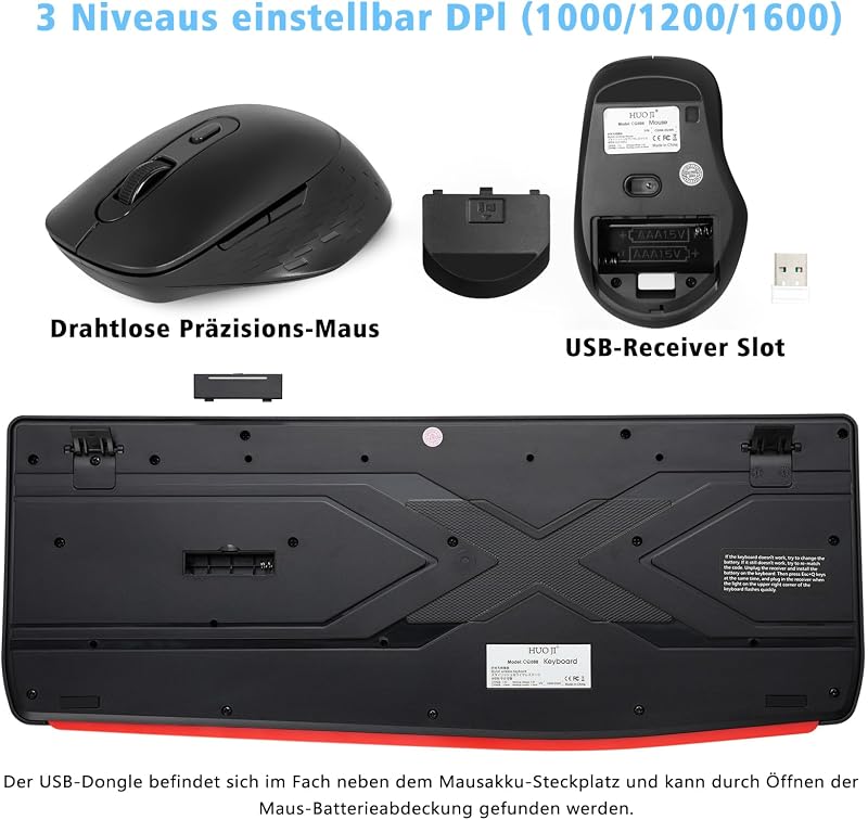 HUO JI Vezeték Nélküli Billentyűzet és Egér Szett, QWERTY Ergonomikus 2.4G Teljes Méretű Számítógép Billentyűzet Csuklótámasszal és 3 Szintű