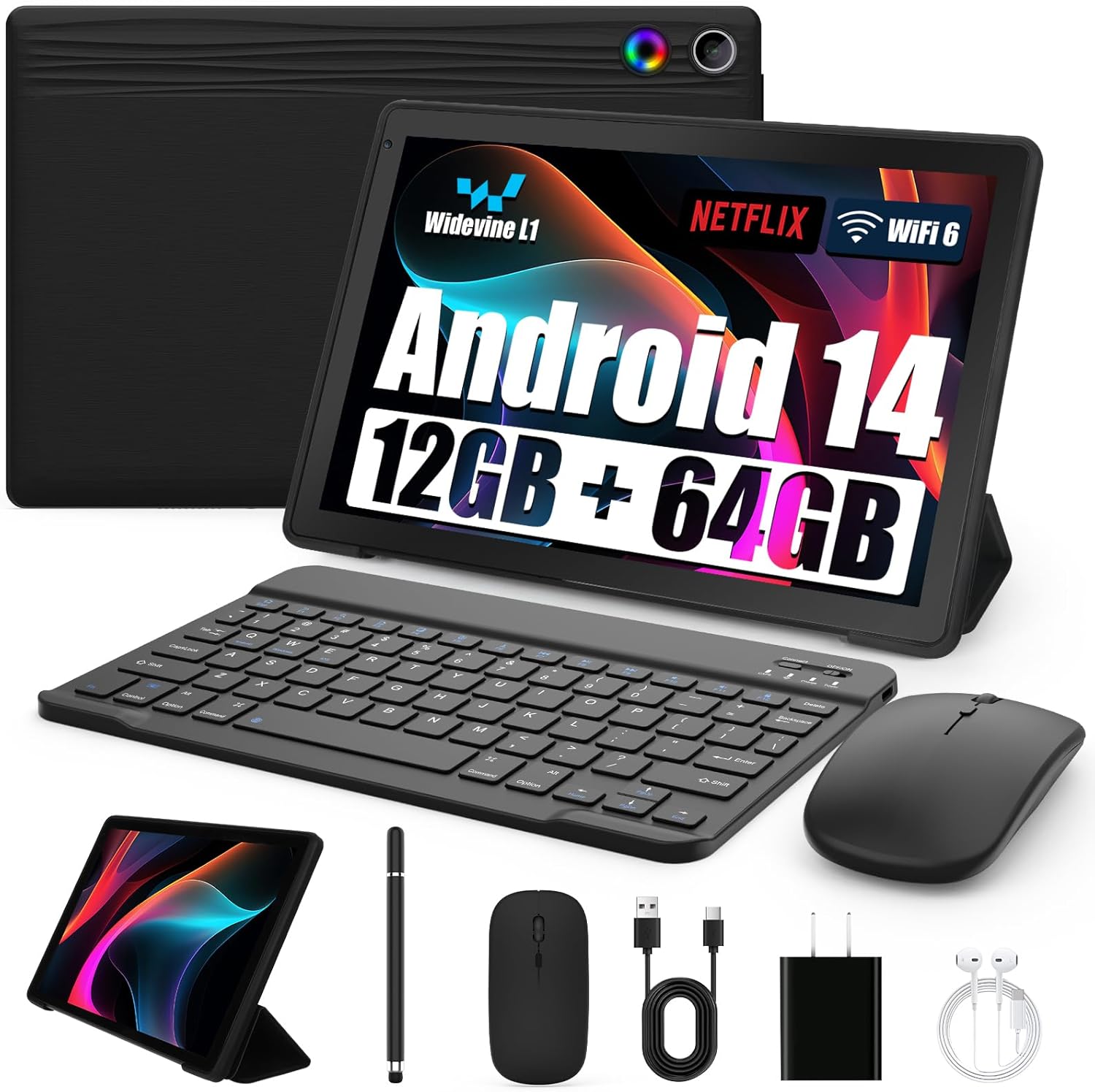 Freeski 8-in-1 Tablet Bundle: 10.1″ Android 14 Tablet (12GB+64GB, 1TB Expandable), Octa-Core, WiFi 6, Bluetooth 5.0, Keyboard, Mouse, Stylus, Protective Case & 5MP+8MP Dual Camera