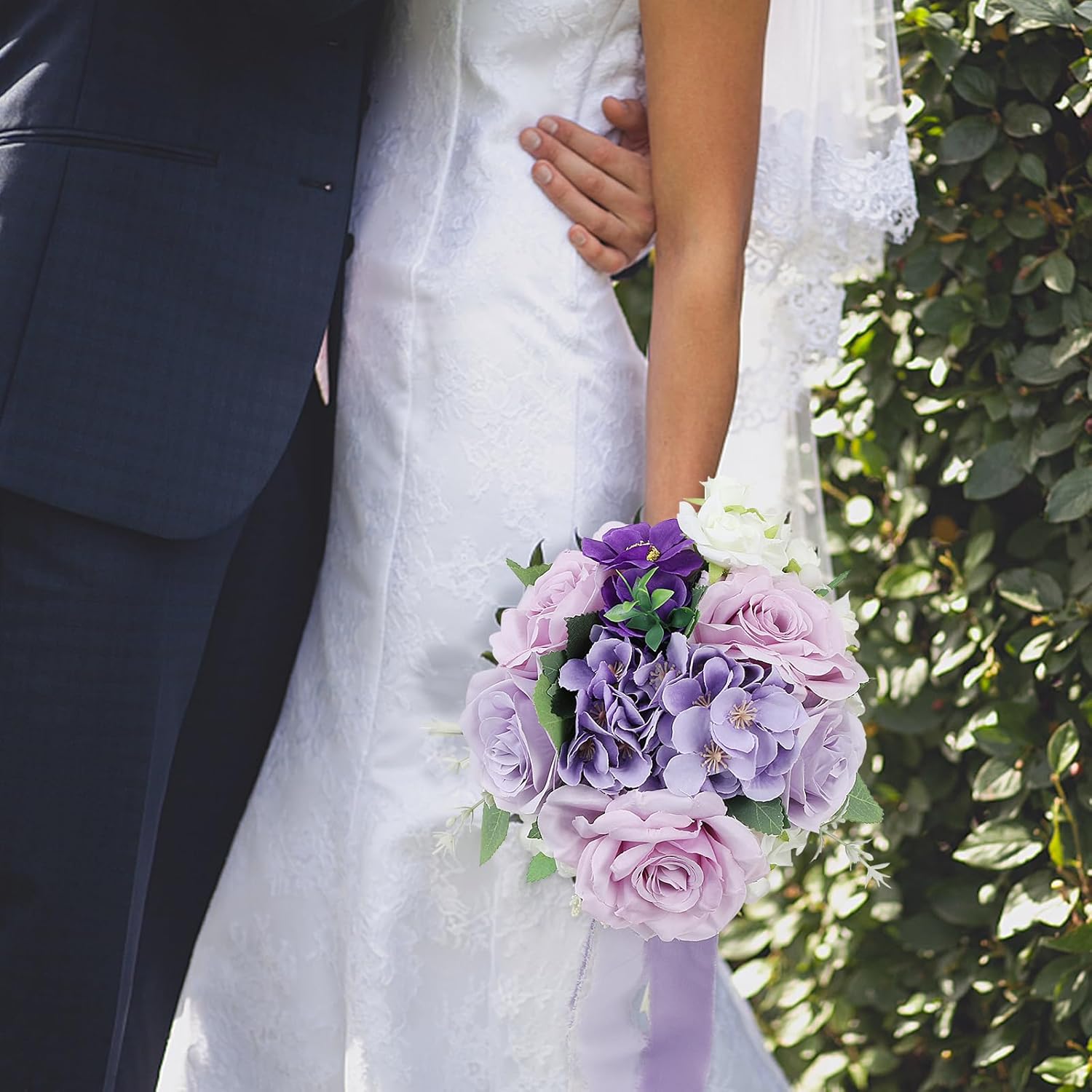 Wedding Bouquets for Bride - Artificial Bridal Bouquets Pre-Made Roses Flower Bouquets for Vintage Wedding or Centerpieces Decoration - Lilac & White - Image 6