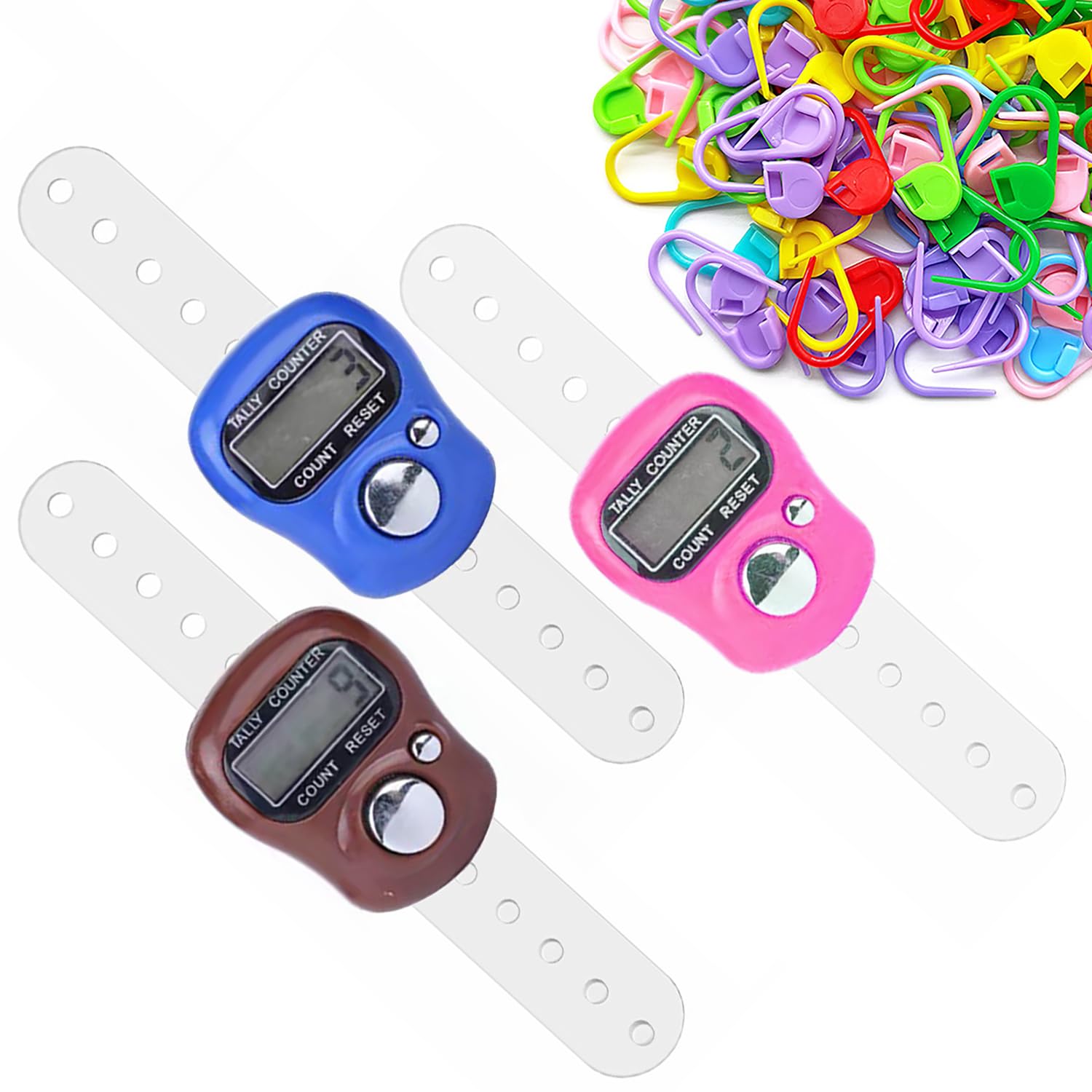 3 Elektronische Fingerzähler,Handzählzähler,Finger Reihenzähler mit LED Rücksetzbare und Handring Digitale Fingerzähler,mit 50 Maschenmarkierer für Golf Runde Zählen Stricken,Dunkelblau, Kaffee, Rosa