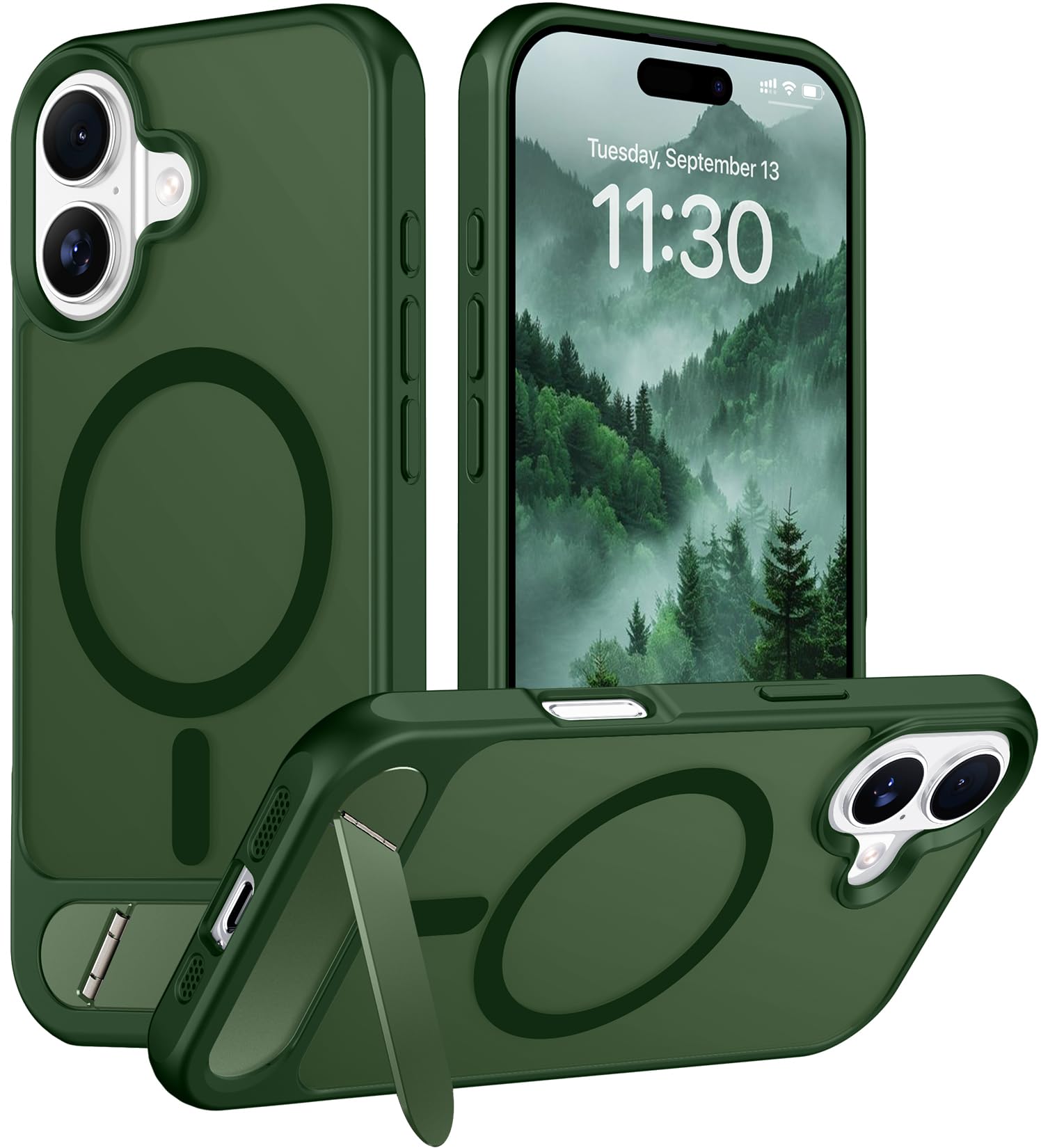 Temdan Designed for iPhone 17 Case, [Built-in Invisible Kickstand][Compatible with MagSafe][Military Grade Shockproof] Slim Translucent Matte Phone Case for iPhone 17 6.3 inch (Forest Green)