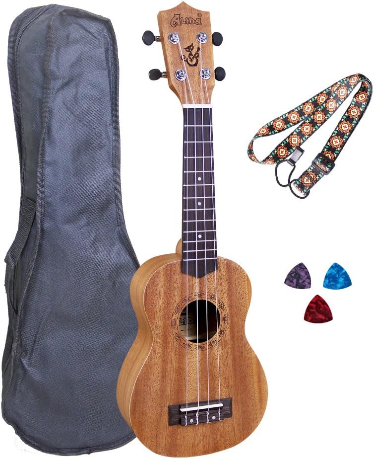 Alida Hawaiian Uke Handmade Mahogany Soprano Ukulele Starter Kit Pack with Carrying Bag, Strap and Picks for Adults Kids Children Students