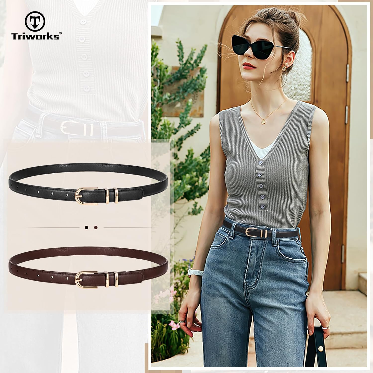 TRIWORKS 2 Pack Women Skinny Leather Belts for Jeans Pants Thin Faux Leather Belt with Gold Buckle - Image 3