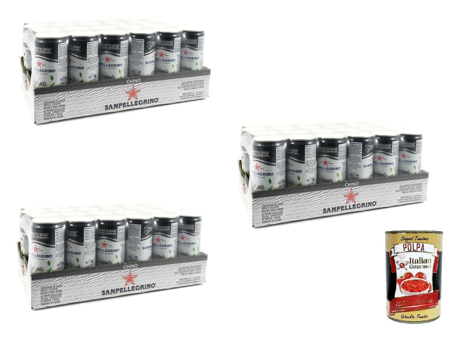 Italian Gourmet Bundle 72x Sanpellegrino Chino 33cl (Total 23,76L) Boisson gazeuse italienne au chinotto, goût agrumes & herbes, fraîcheur intense, idéale apéritif & cocktails + Italian Gourmet Polpa