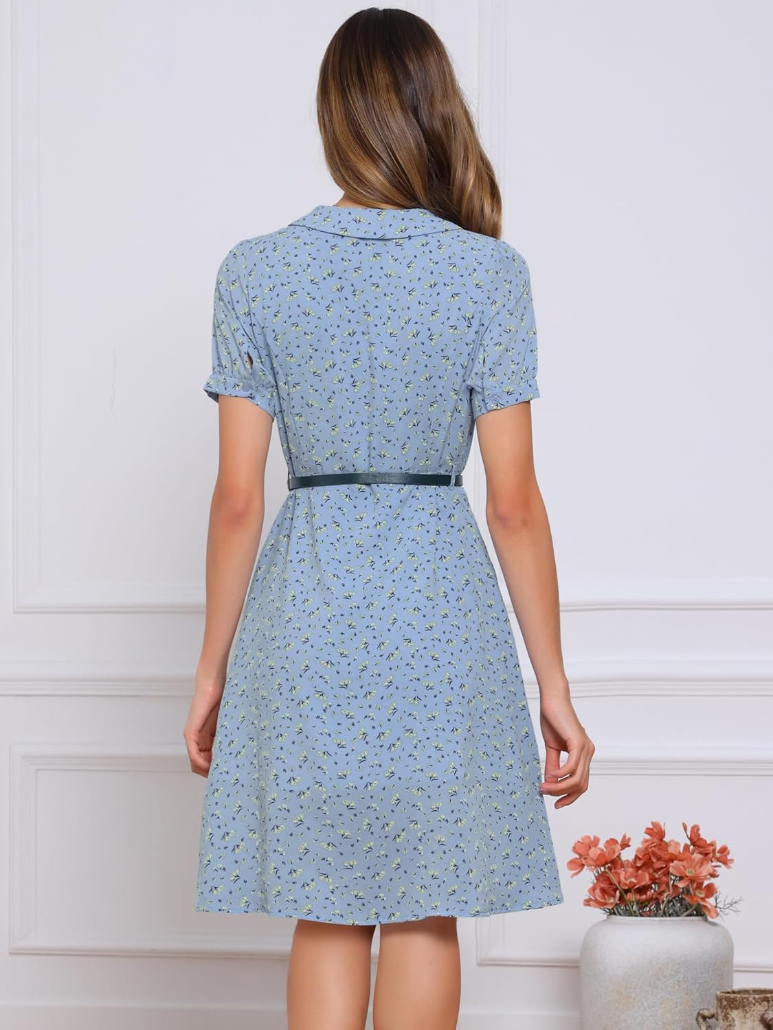 Allegra K Women's Peter Pan Collar Tie Neck Short Sleeves A-Line Elegant Belted Vintage Floral Dress - Image 4