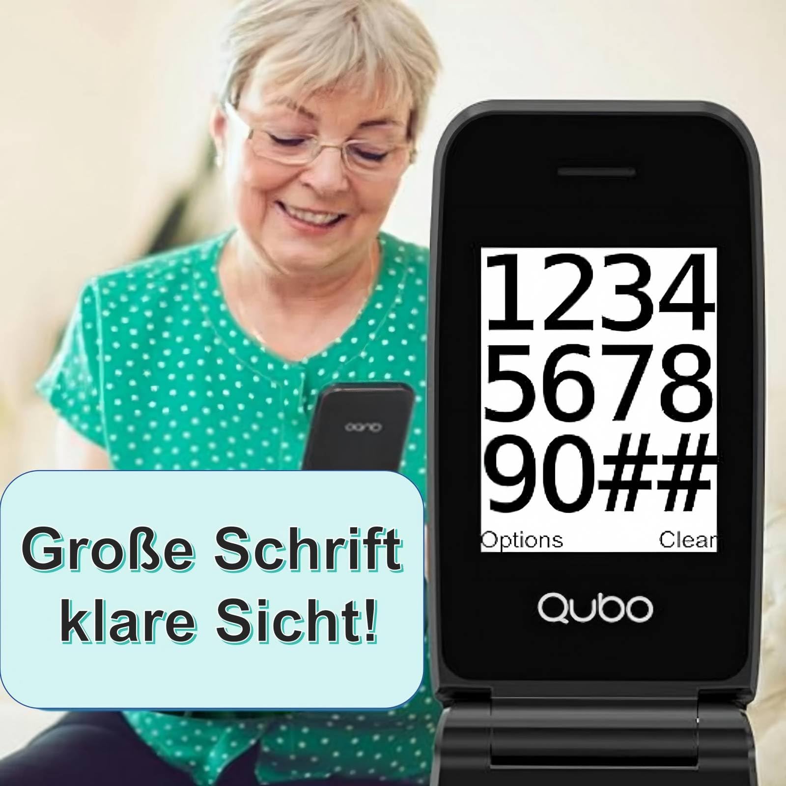 Qubo Seniorenhandy Klapphandy Ohne Vertrag, Großtastenhandy, GSM Flip Mobiltelefon SOS Notruffunktion, Taschenlampe, FM-Radio, 2,4 Zoll Farbdisplay, Schwarz