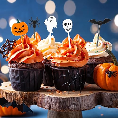 Miniatura 7 de GlyinnHe 50 piezas de palillos de Halloween para cupcakes, palillos de dientes de plástico para cupcakes, alimentos, cócteles, aperitivos,