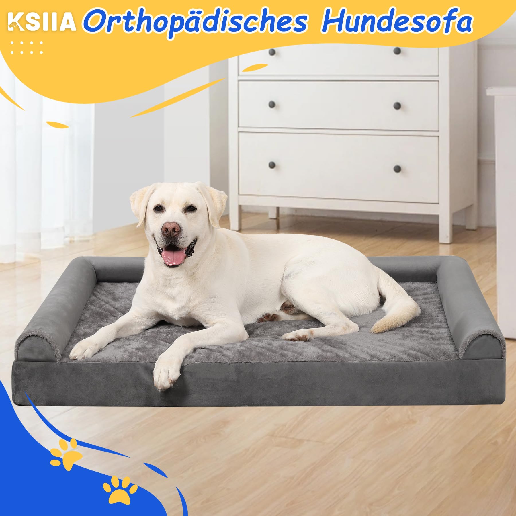 KSIIA Orthopädisches Hundebett Grosse Hunde XL Hundekorb, Grau 105x70x18cm