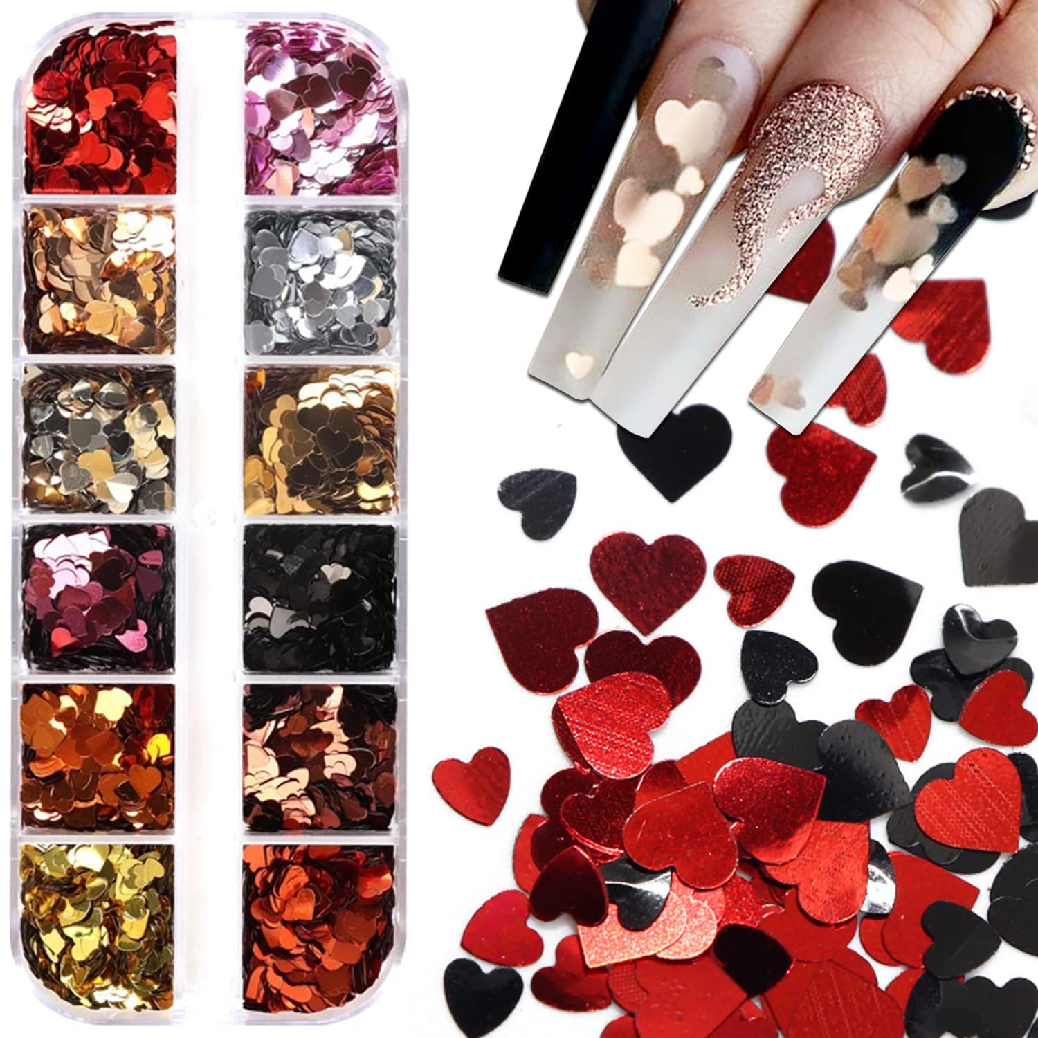12 Grids 3D Heart Nail Glitter Sequins Valentines Nail Art Stickers Laser Heart Glitter Flakes Heart Nail Art Decals Confetti Glitter Nail Charms Designs Valentines Glitter for Nail Art Decoration