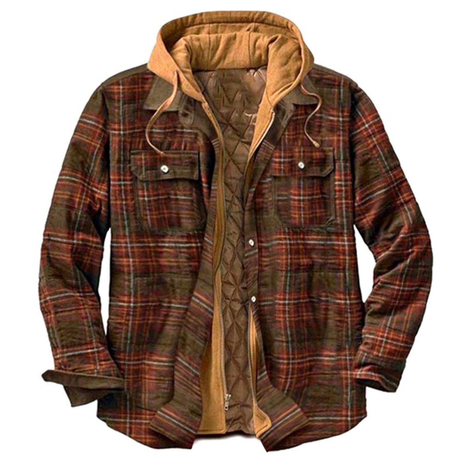 Mens Thermal Quilted Lined Hooded Jacket Flannel Shirts Padded Zip - Main Image