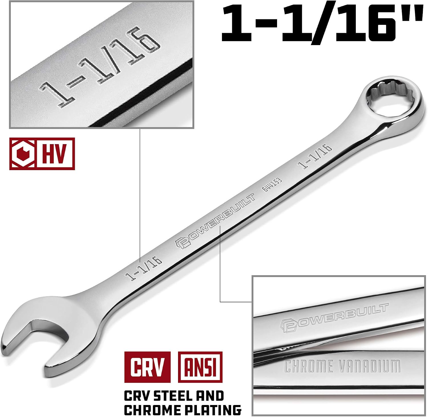 Powerbuilt 1-1/16 Inch Combination Wrench, SAE 12 Point Double Ended Box and Open End, Polished, 15 Degree Offset - 644153