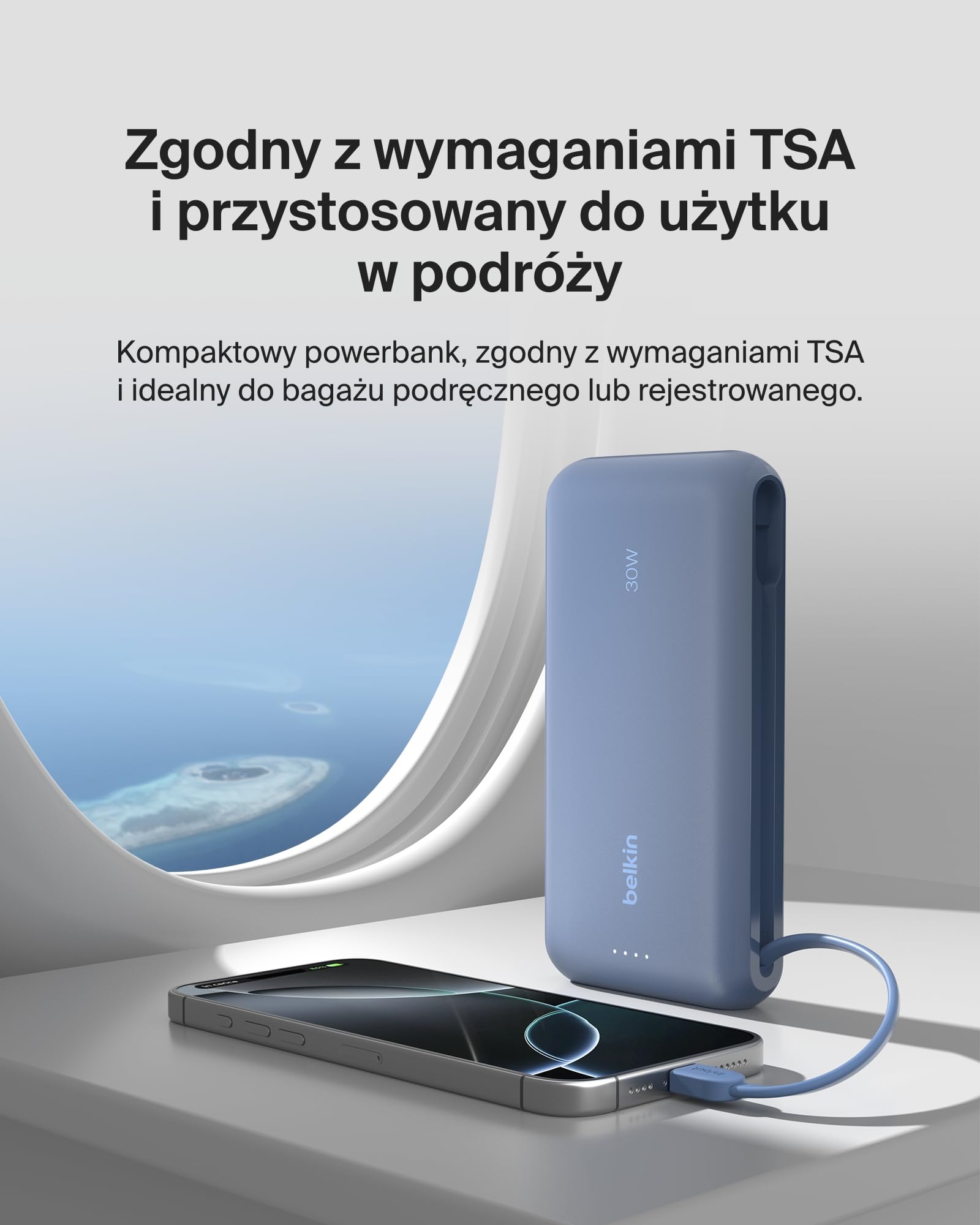 Belkin Przenośna ładowarka, powerbank 20 000 mAh PD 30 W ze zintegrowanym kablem – szybkie ładowanie USB-C Power Delivery, do urządzeń iPhone serii 16, iPad Pro, Galaxy serii S25 i innych – niebieska